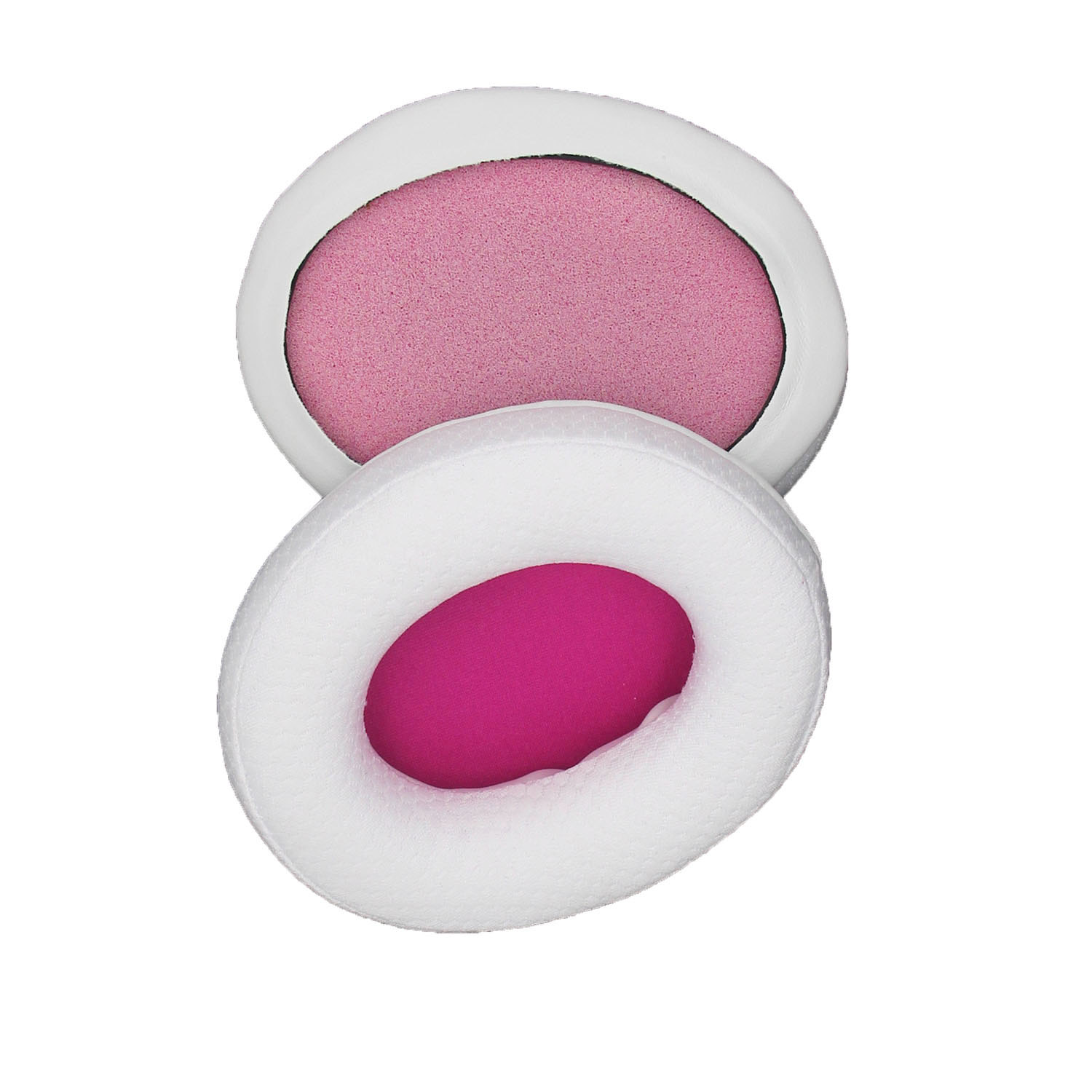 Twee witte en roze oorkussens voor koptelefoons. De kussens hebben een roze binnenkant en een witte rand.
