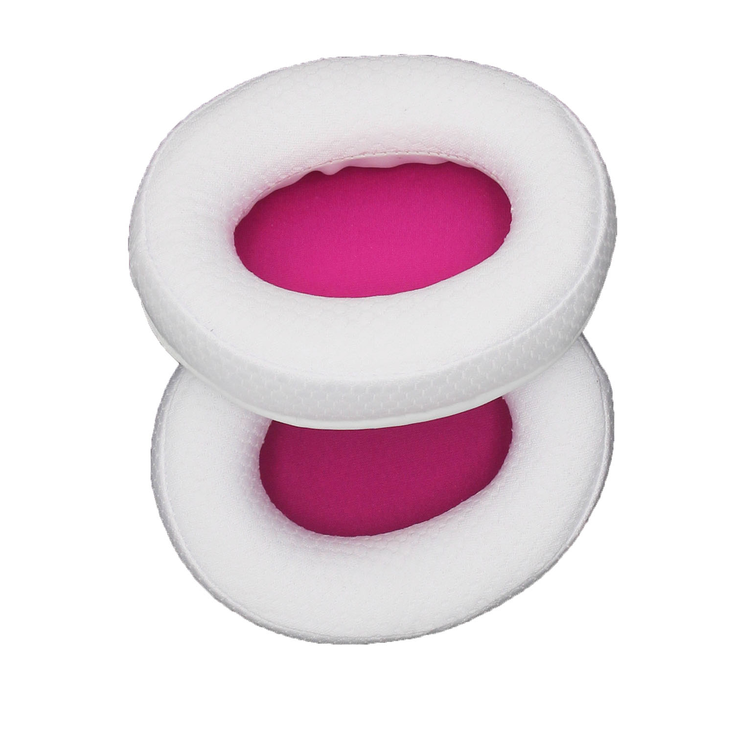 Twee witte en roze oorkussens voor hoofdtelefoons. Witte achtergrond.