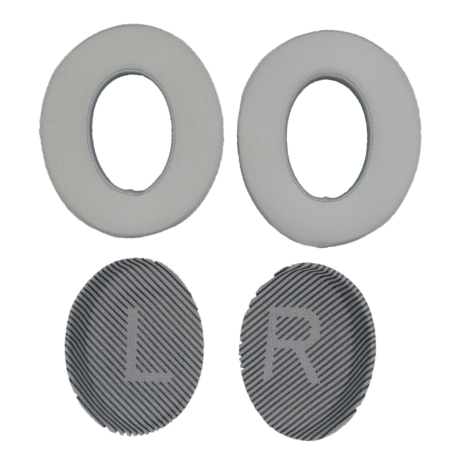 Twee grijze oorkussens en twee grijs patroonhoezen met letters 'L' en 'R'.