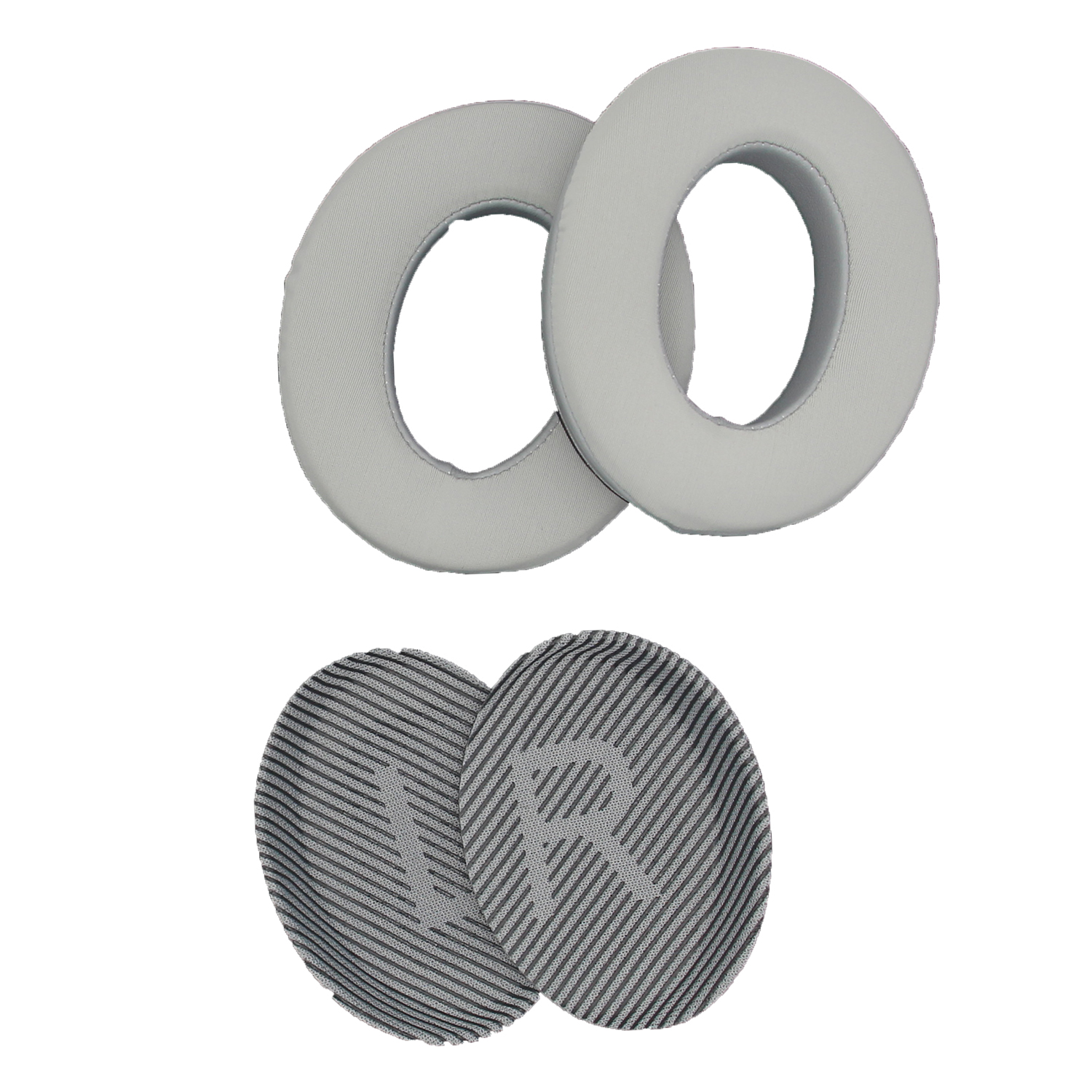 Twee paar oorkussens: één grijs met witte rand en de andere met de letters 'L' en 'R'.