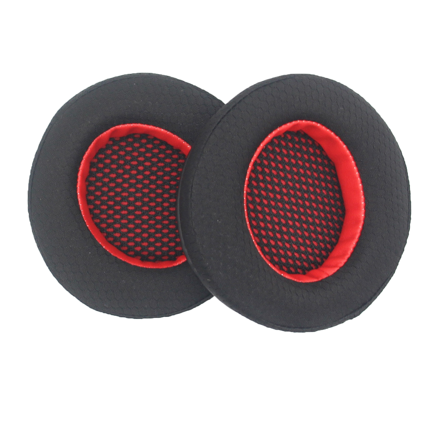 Due cuscinetti auricolari neri per cuffie con centro in rete rossa.