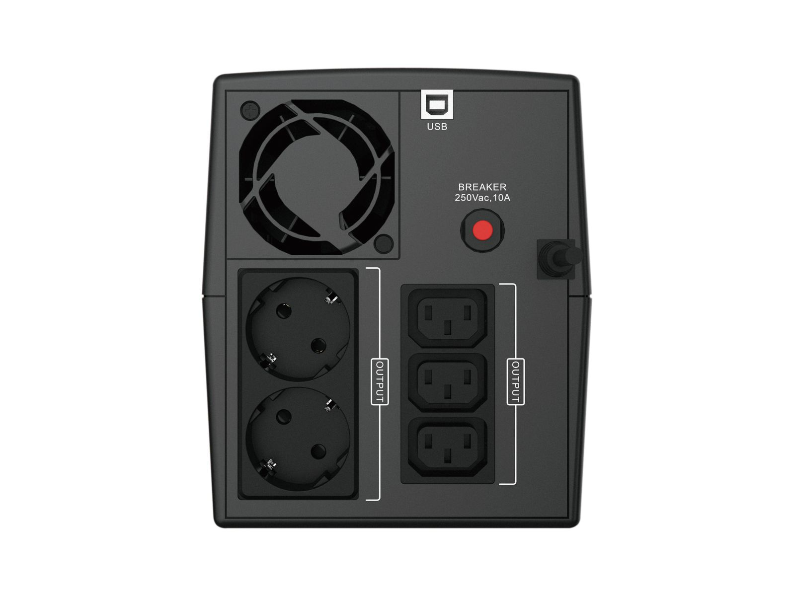 Retro di un UPS nero (Gruppo di Continuità) con uscite di alimentazione e porta USB.