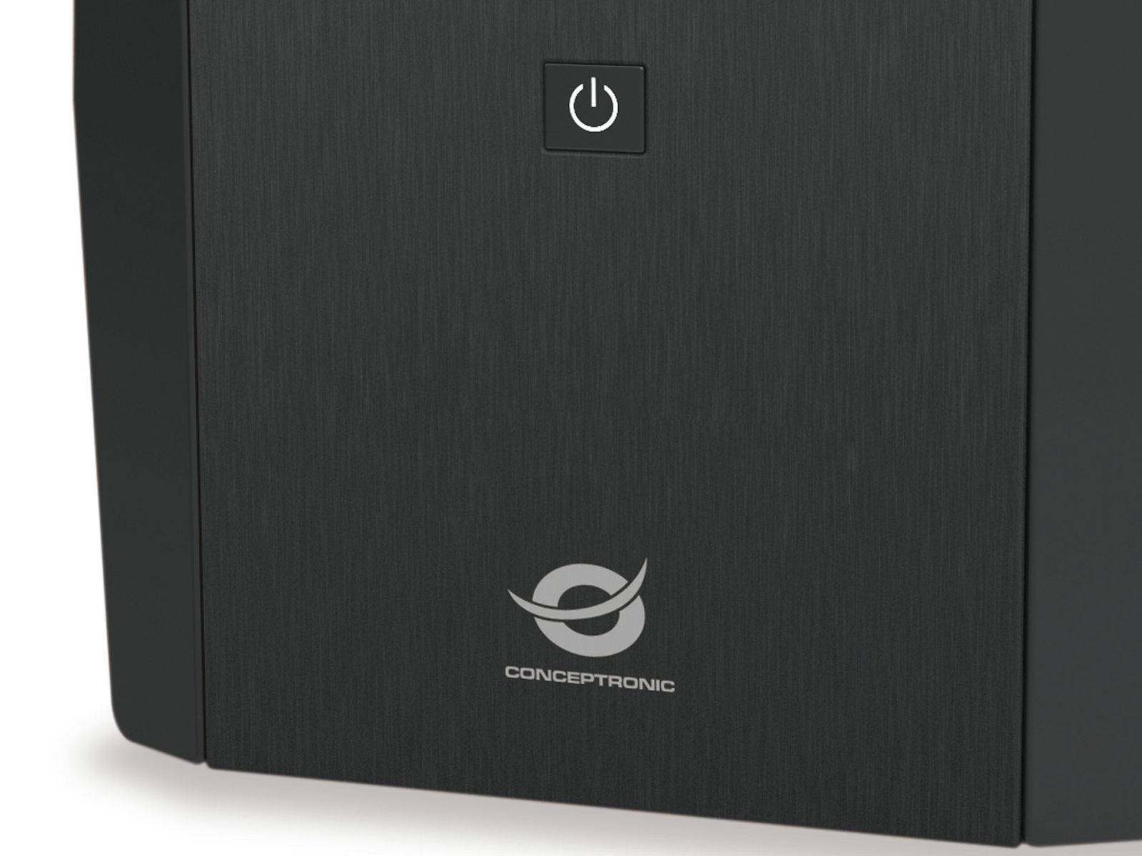 Dispositivo elettronico nero con pulsante di accensione illuminato in alto. Il logo è al centro.