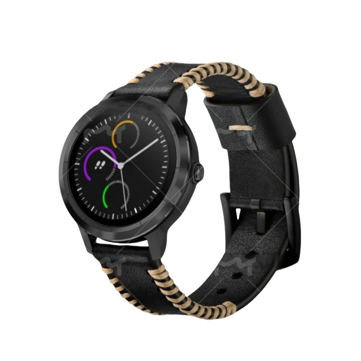 Schwarze Smartwatch mit Lederarmband. Das Zifferblatt zeigt mehrfarbige Kreise.