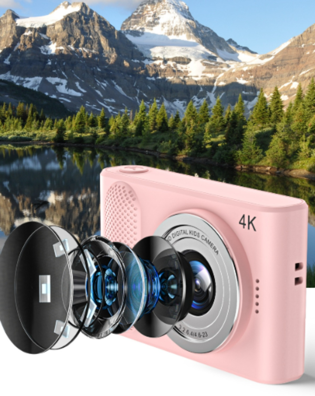 Rosa Digitalkamera, die Linsenkomponenten zeigt. Berge und See im Hintergrund.