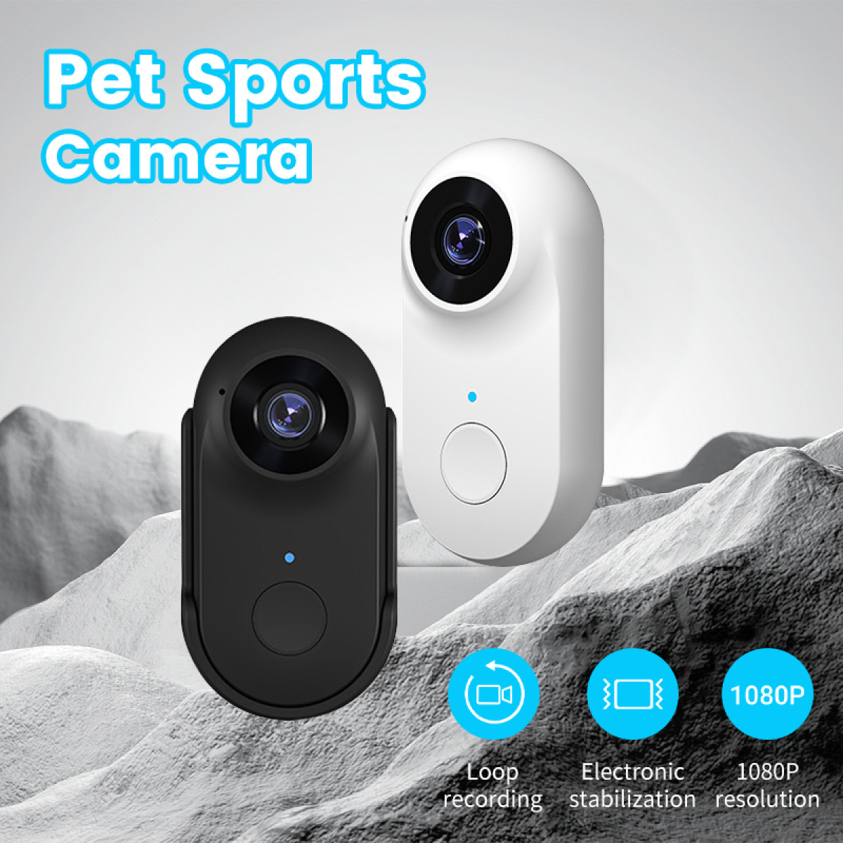 Zwei schwarz-weiße Haustierkameras mit blauem Licht. Text sagt 'Pet Sports Camera' und Symbole für Funktionen.