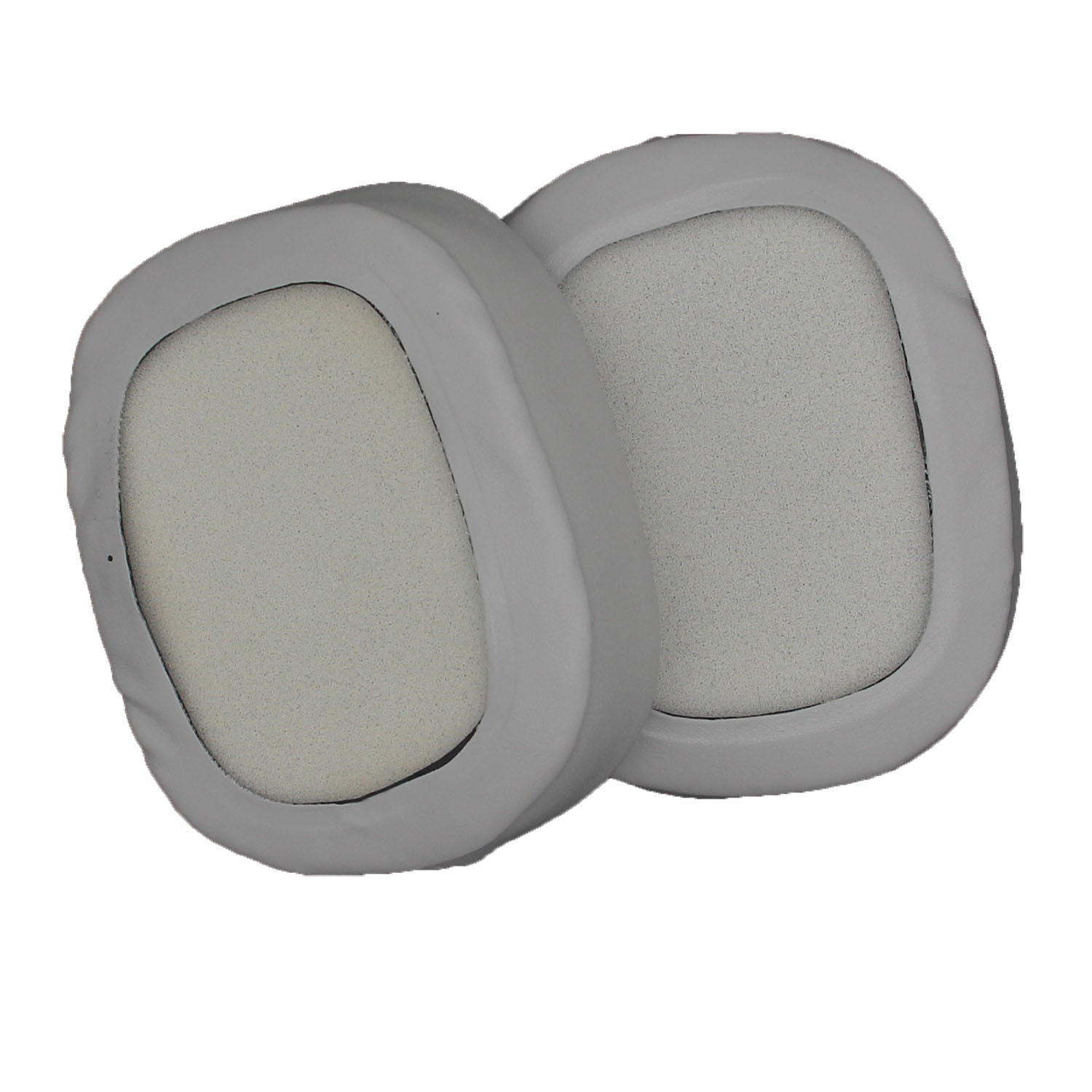 Due cuscinetti grigi per auricolari, isolati su bianco, con interno bianco.