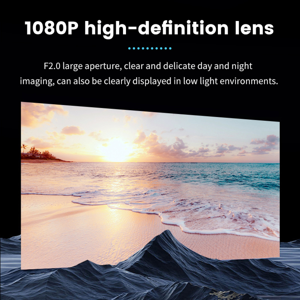 Strandszene mit Sonnenuntergang und Text '1080P High-Definition-Objektiv'.