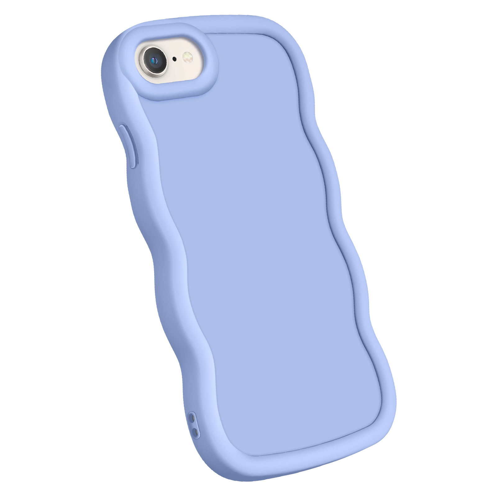 Una custodia per telefono lilla chiaro con un design ondulato e un ritaglio per la fotocamera, vista angolata.
