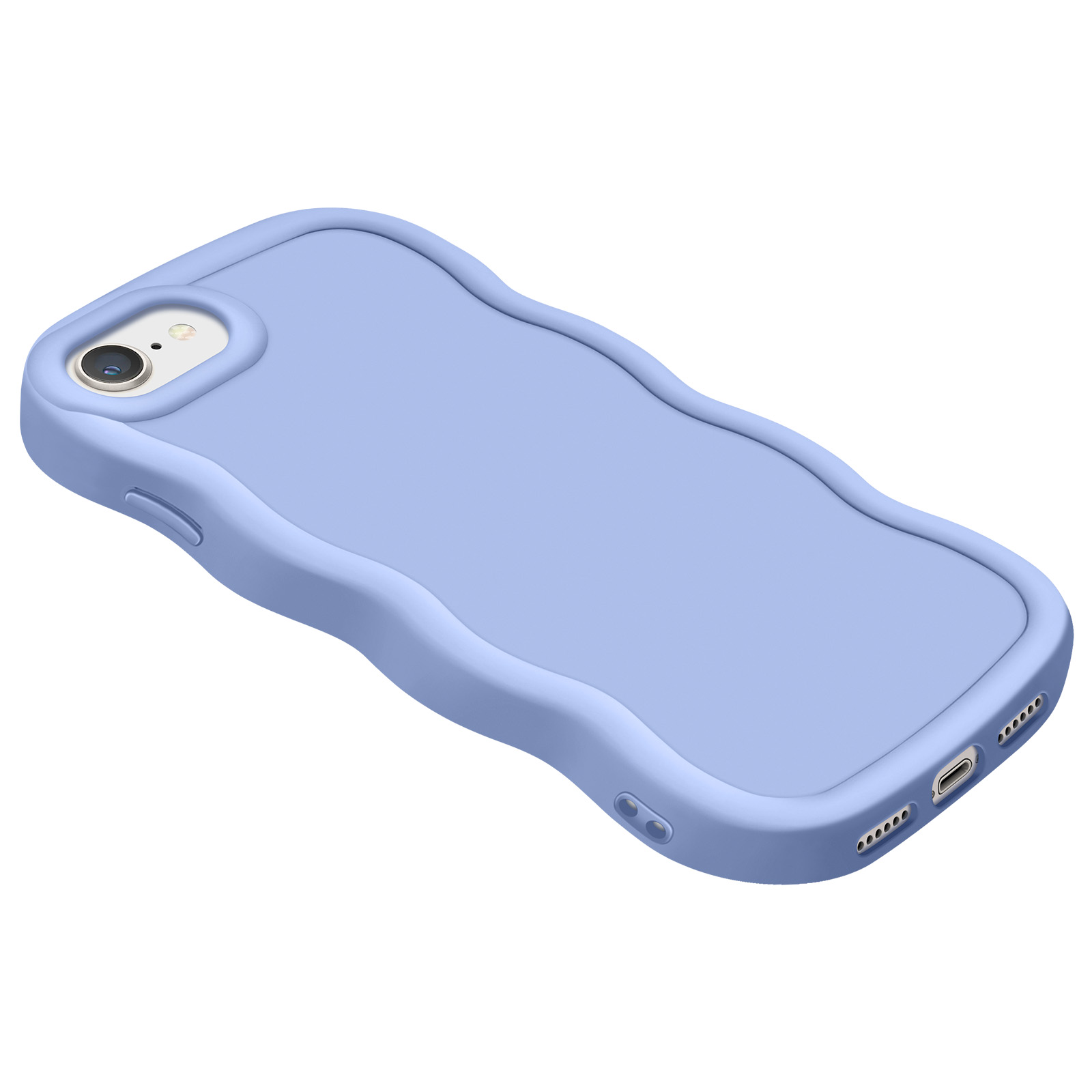 Una custodia per telefono blu chiaro ondulata su sfondo bianco. La custodia è vuota.