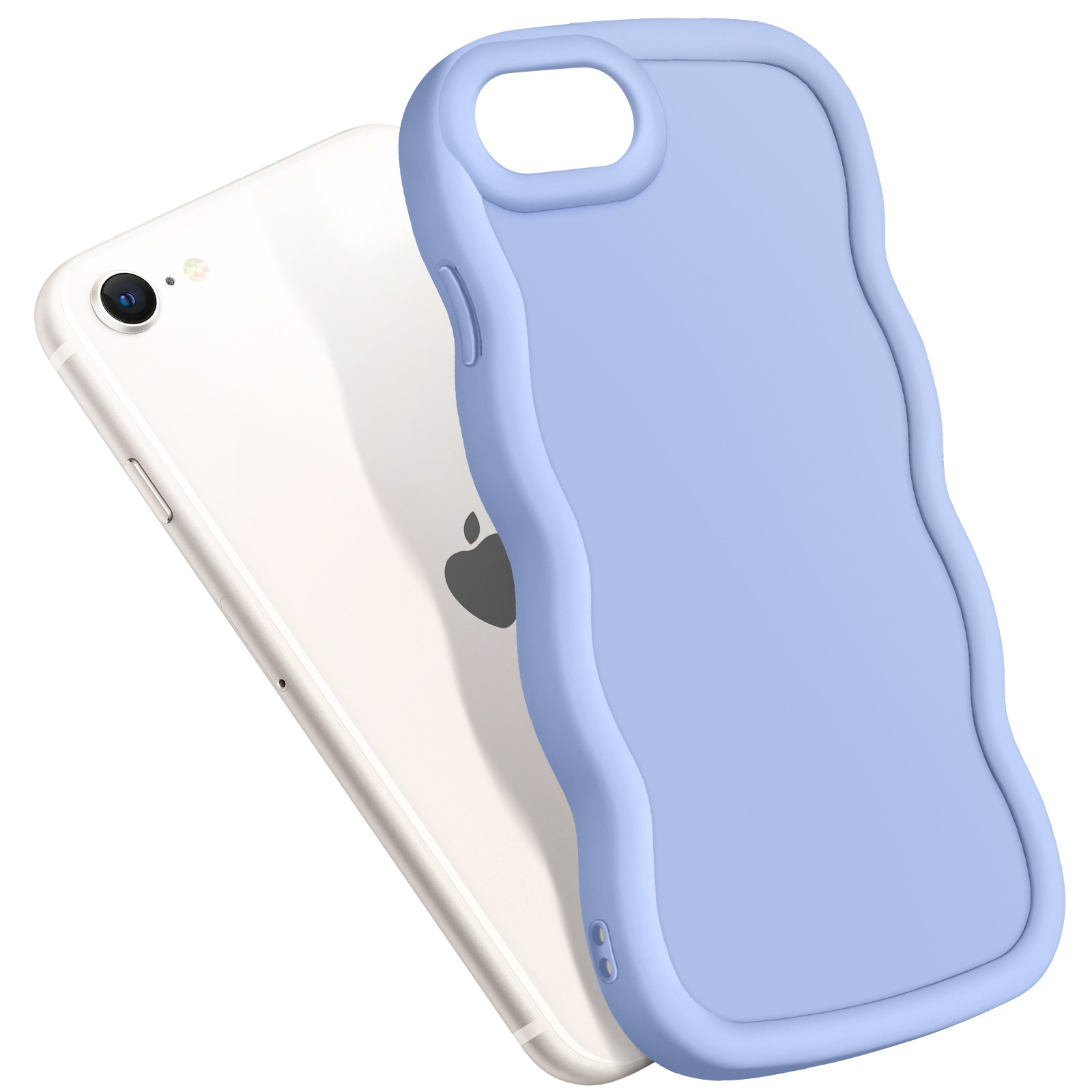 Una custodia per telefono azzurra accanto a un telefono bianco, su sfondo bianco.