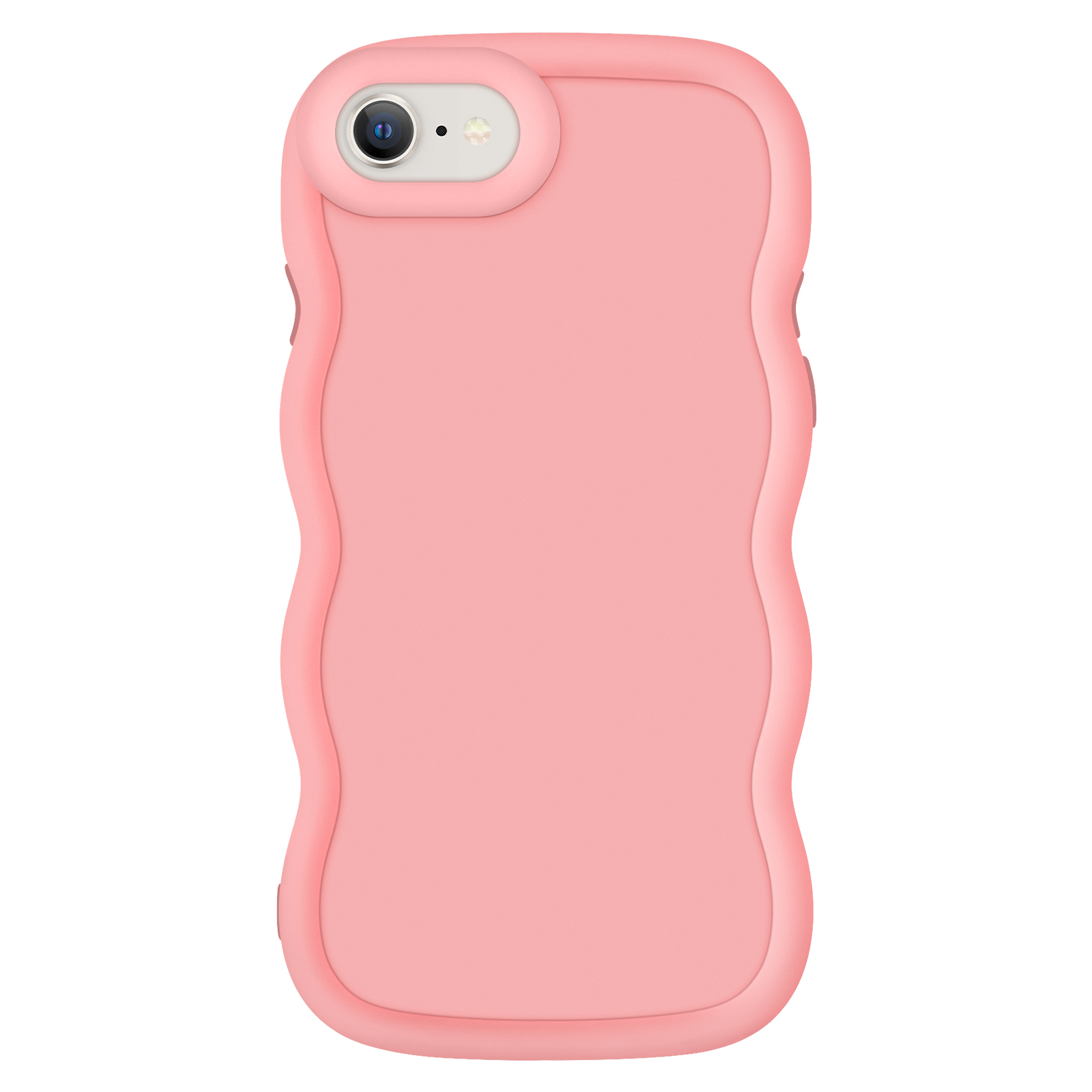 Custodia per telefono rosa con bordo ondulato e apertura per la fotocamera. Sfondo bianco.