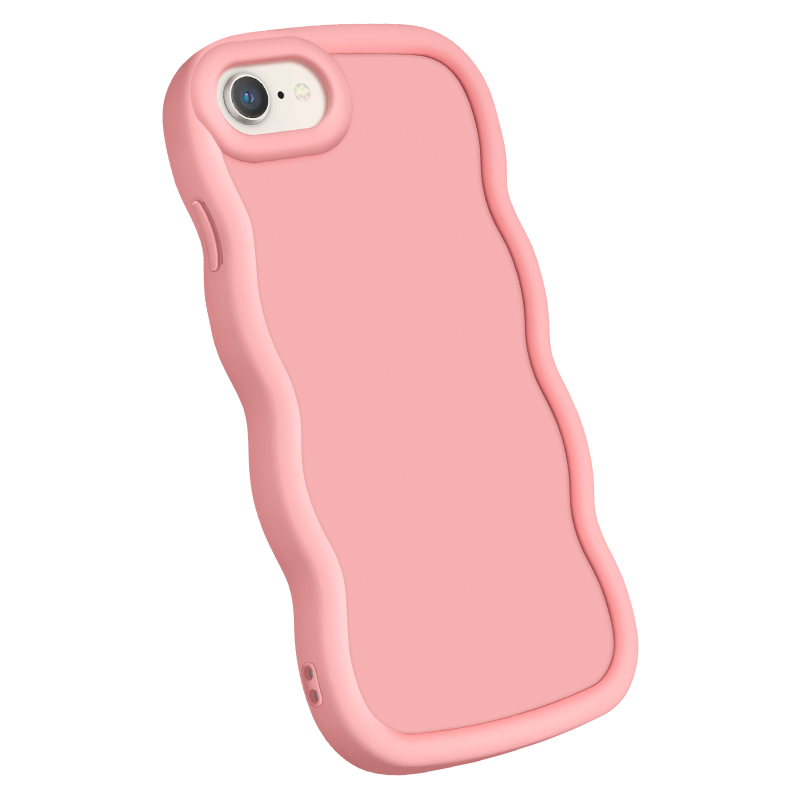 Custodia rosa per telefono con bordo ondulato, con foro per fotocamera, su sfondo bianco.