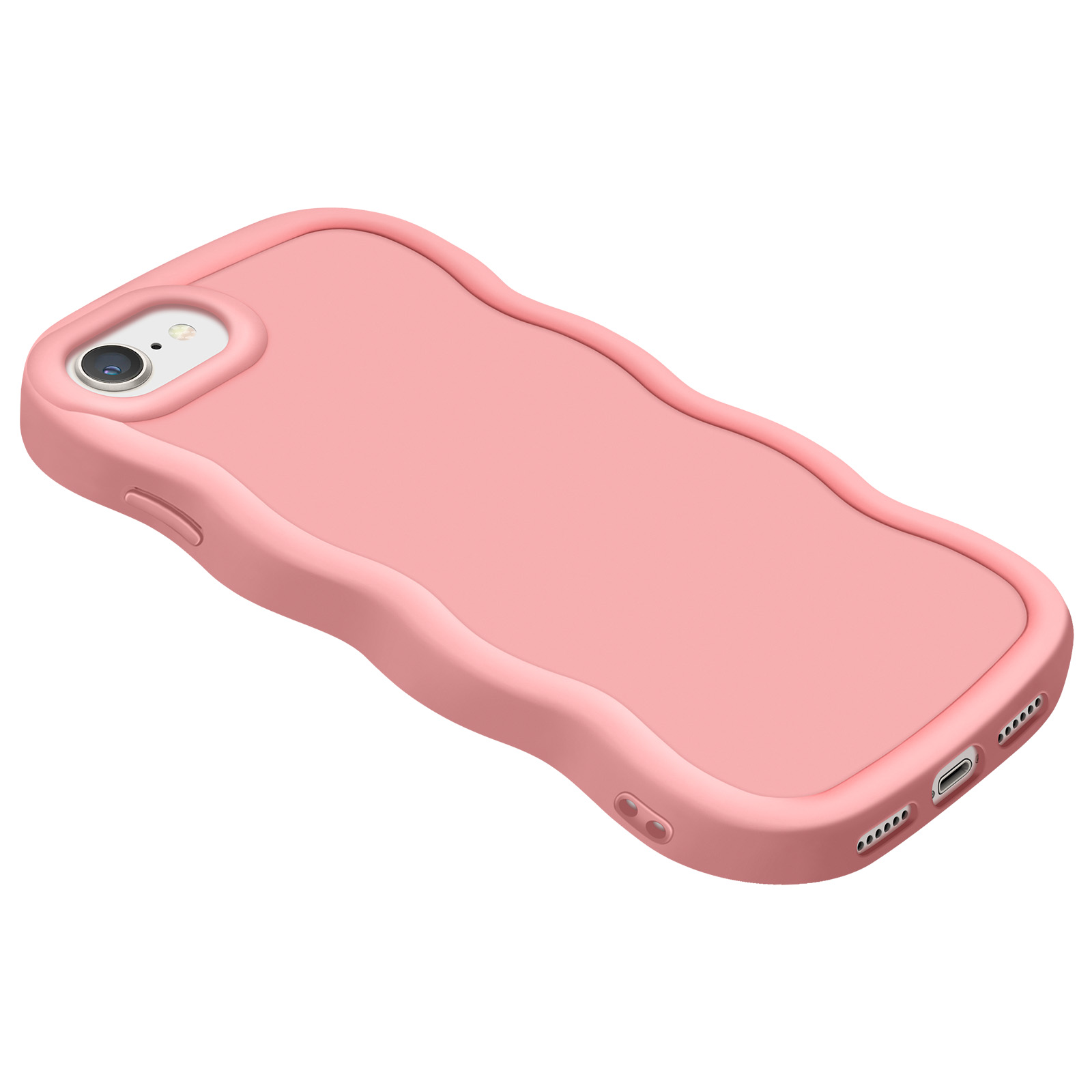 Custodia per telefono rosa con bordi ondulati, foro per fotocamera e pulsanti, vista dall'alto.