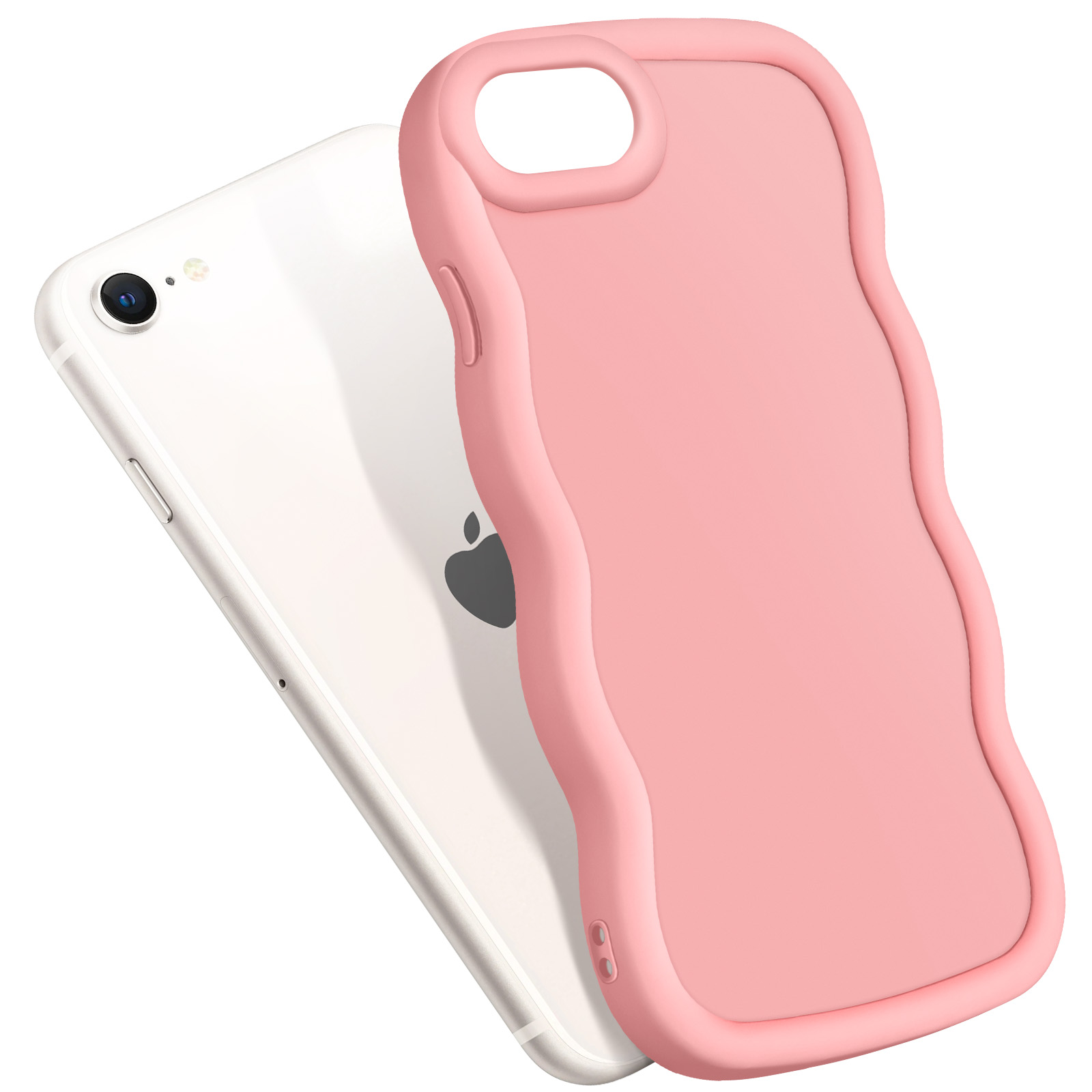 Una custodia per telefono rosa accanto a un iPhone bianco. La custodia ha un design ondulato.