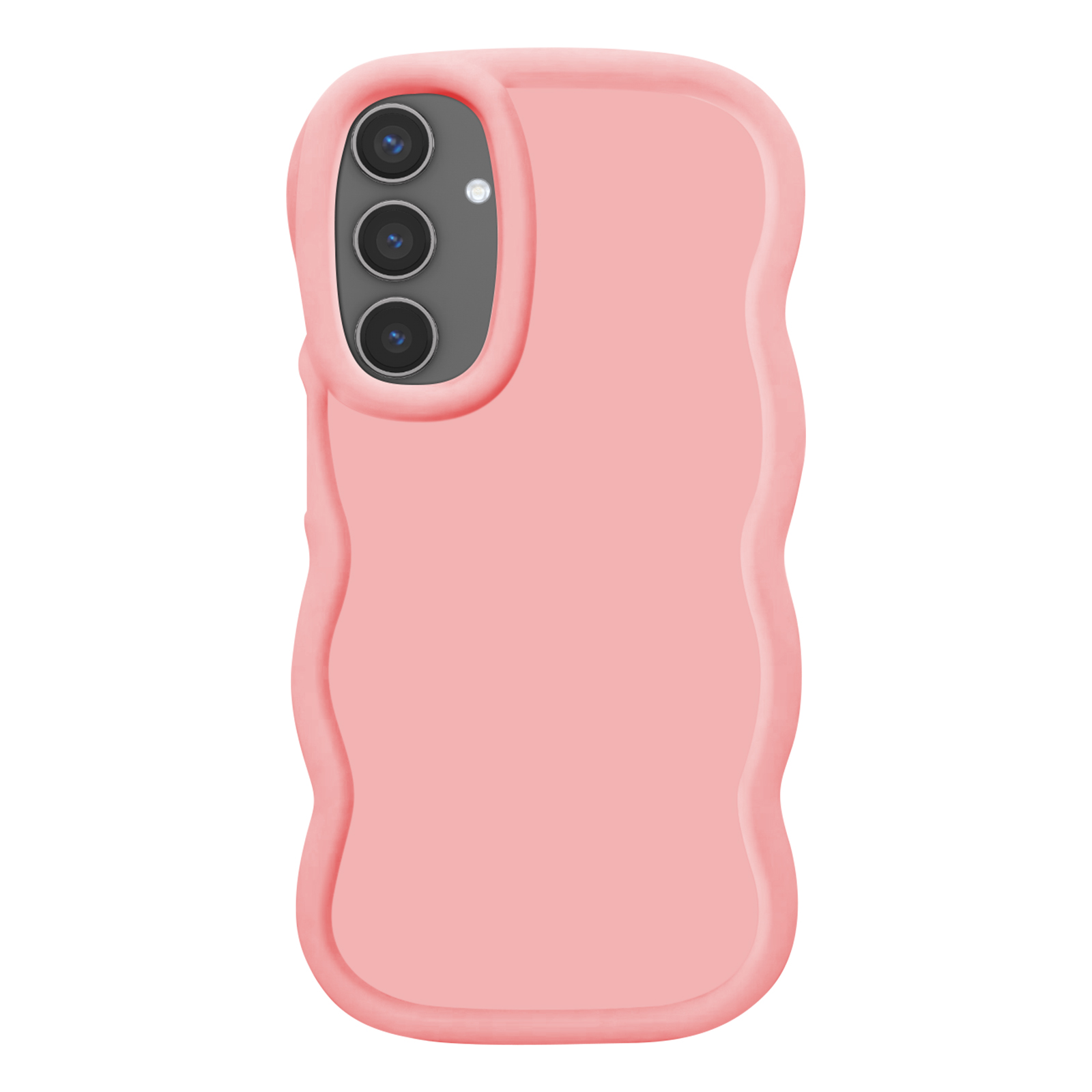 Custodia rosa con bordi ondulati e tre lenti della fotocamera.
