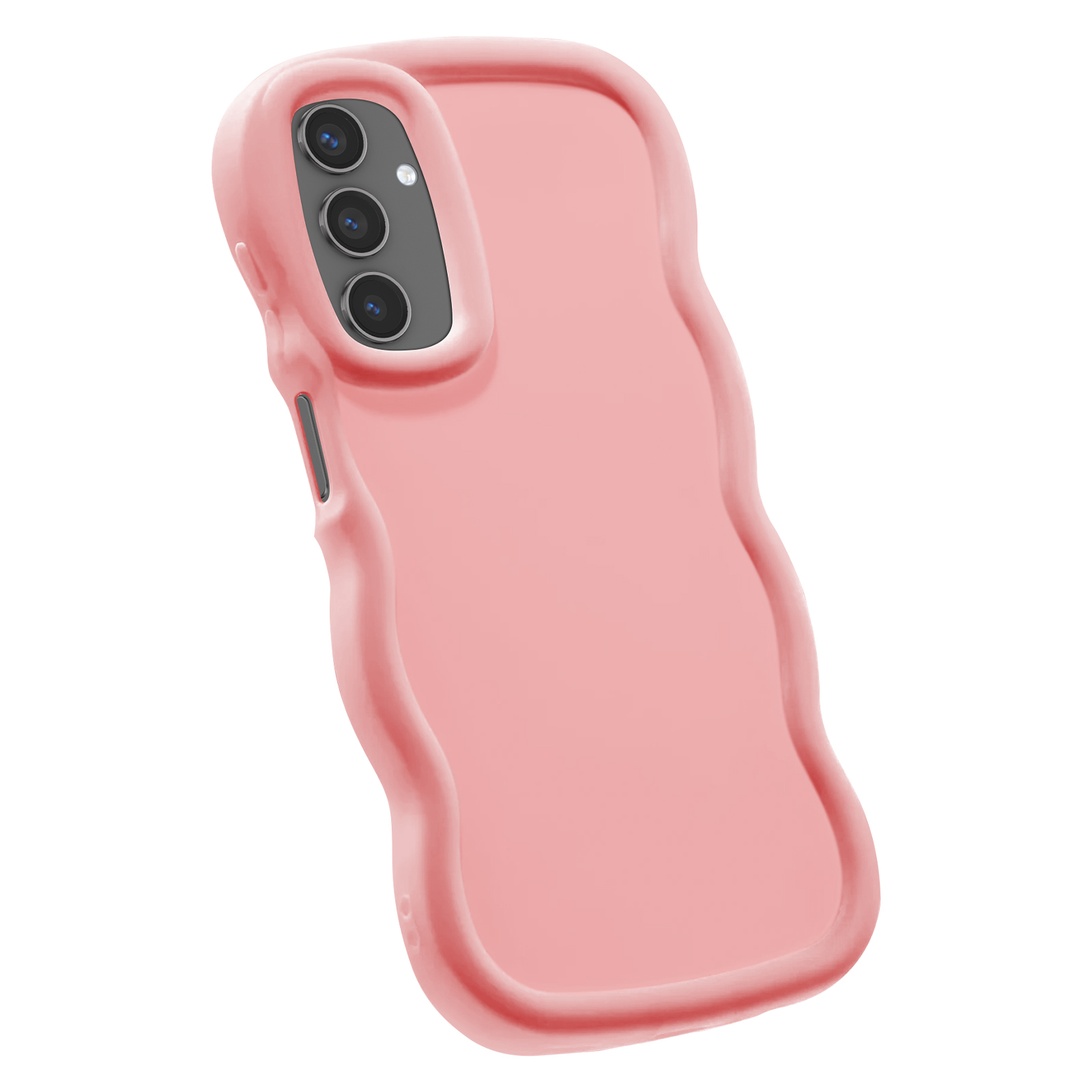 Una custodia per telefono rosa a forma di onda con un rigonfiamento per la fotocamera in alto a sinistra, su sfondo bianco.