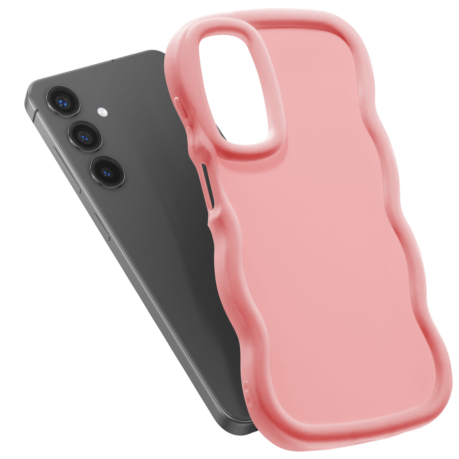 Una custodia rosa per telefono su un telefono grigio, angolata, che rivela la fotocamera del telefono.