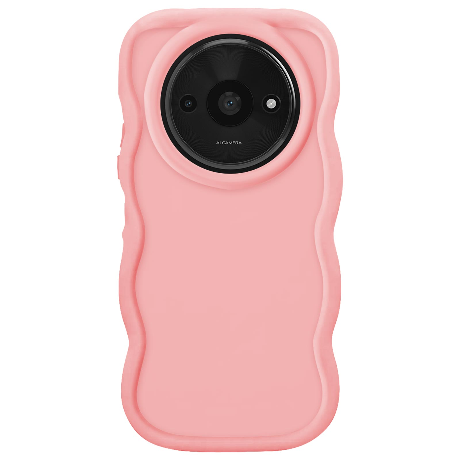 Una custodia per telefono rosa con ritaglio per fotocamera, progettata con un bordo ondulato, su sfondo bianco.