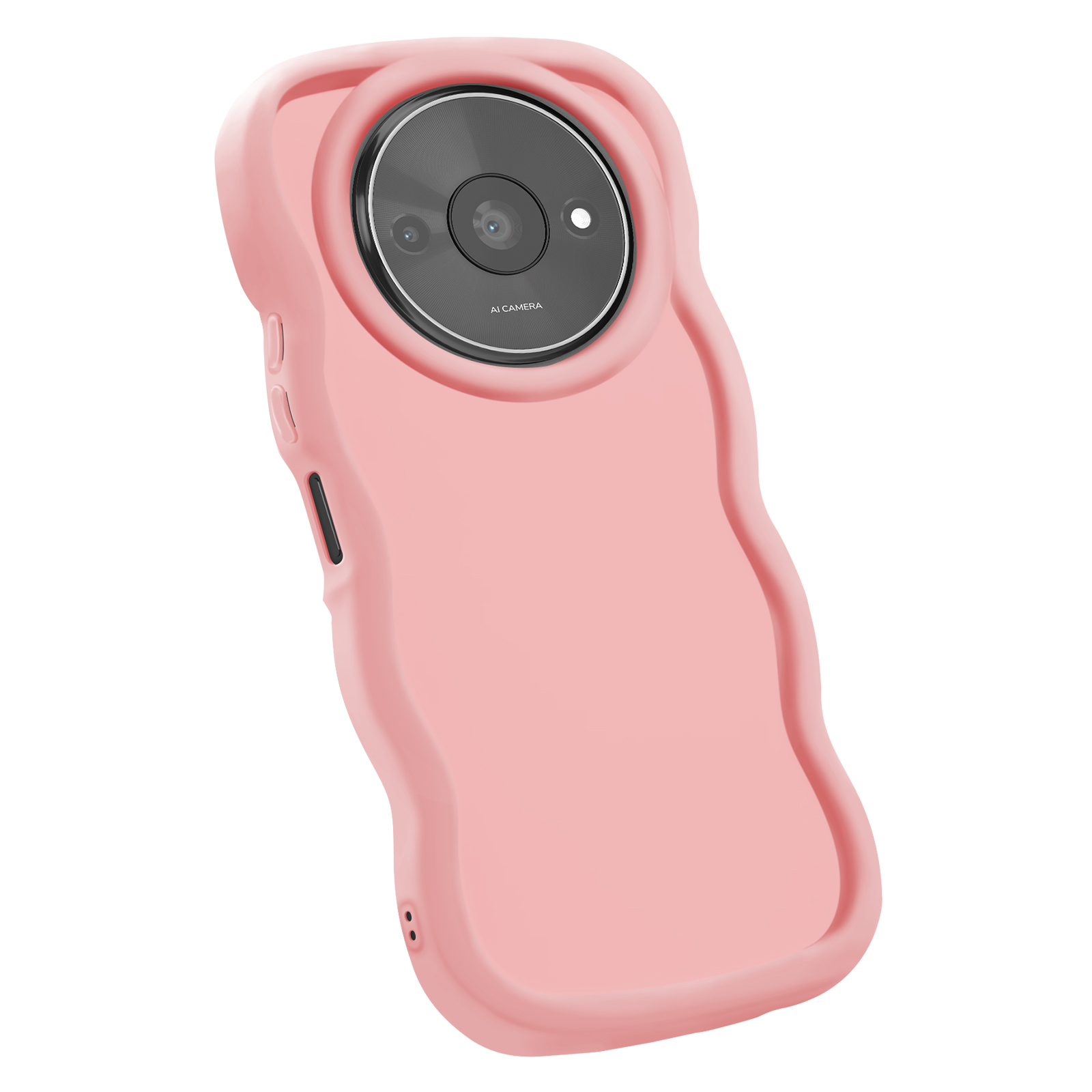 Custodia per telefono rosa con anello per fotocamera integrato. La custodia ha bordi arrotondati e la fotocamera è centrale.