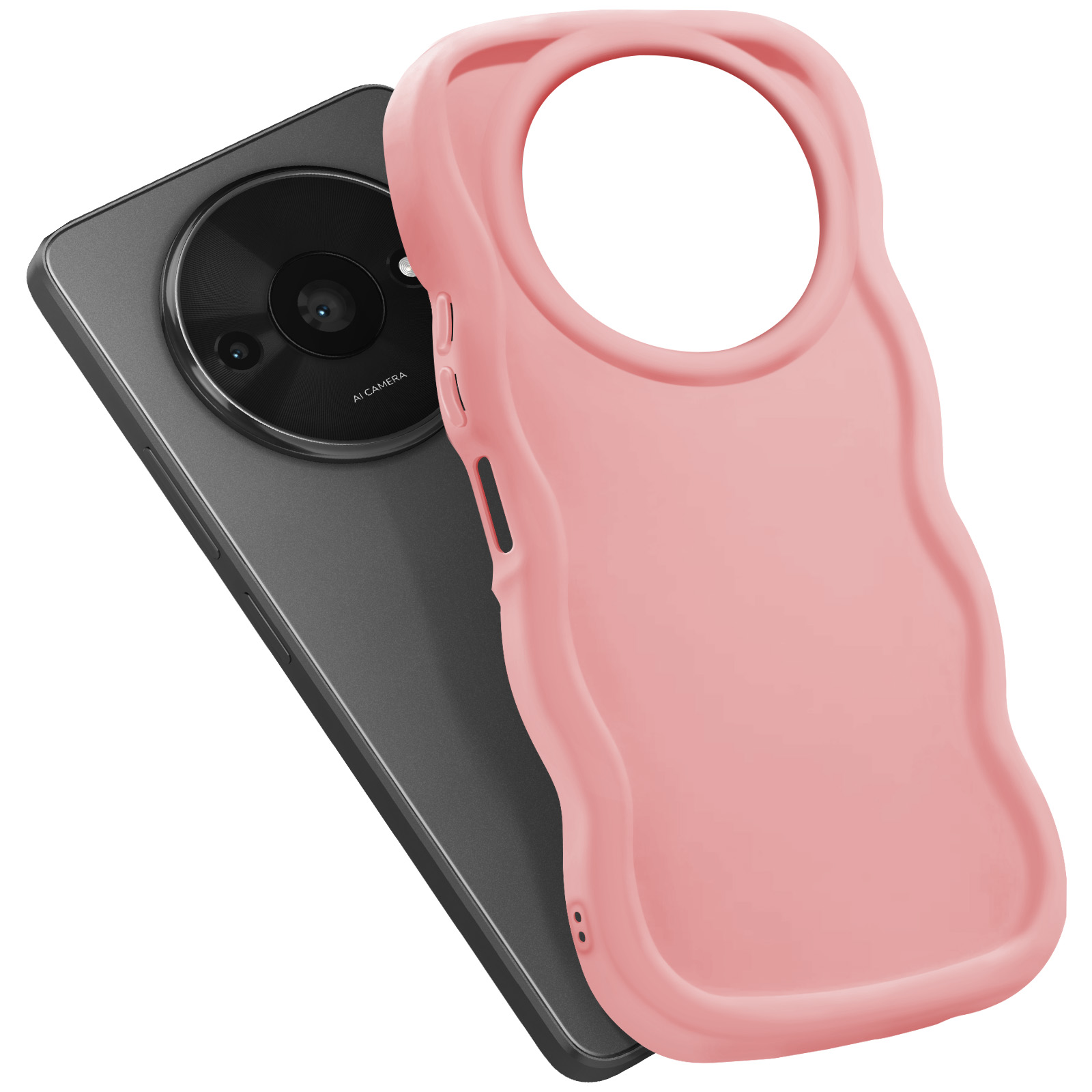 Una custodia rosa per telefono con un grande foro per la fotocamera, posizionata su un telefono grigio scuro.