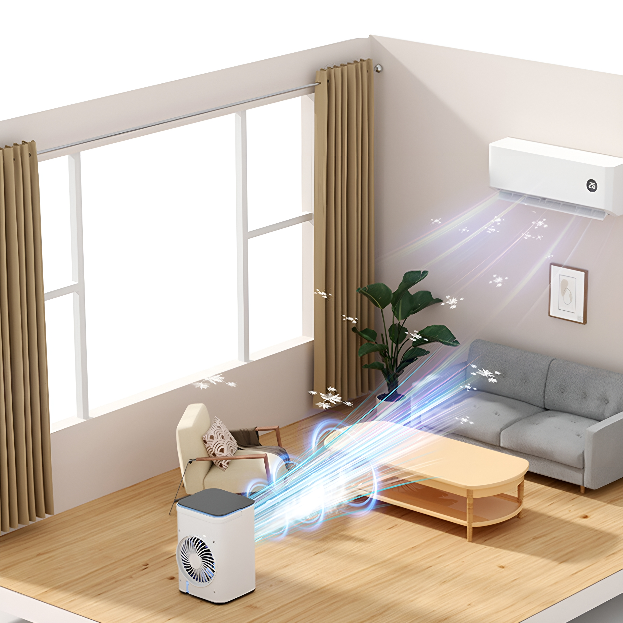 Innenraum mit Klimaanlage, Luftreiniger und Fenster mit Vorhängen.