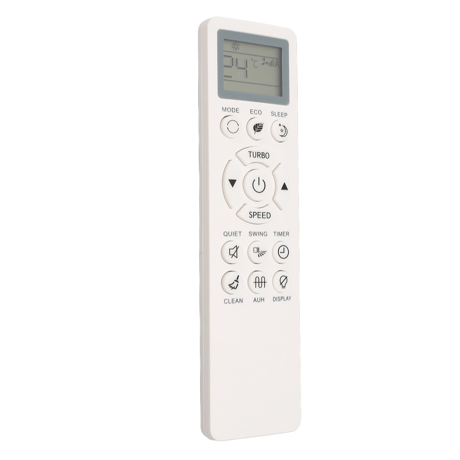 Eine weiße Fernbedienung mit Knöpfen und einem Display. Die Knöpfe sind beschriftet, und das Display zeigt eine Temperatur.