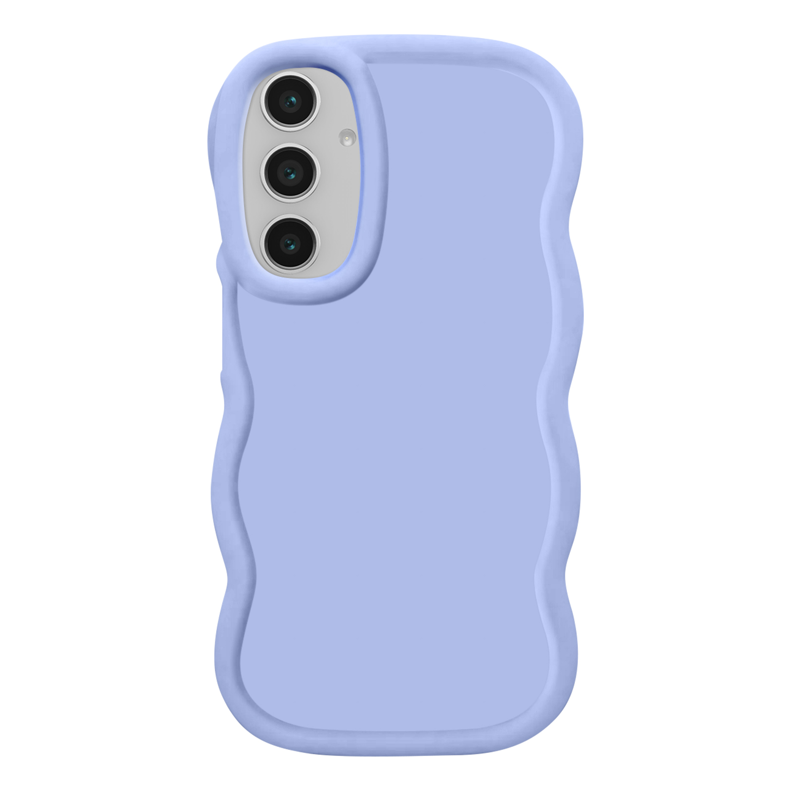 Custodia lilla per telefono. Una custodia lilla per telefono con bordo ondulato e tre lenti della fotocamera.