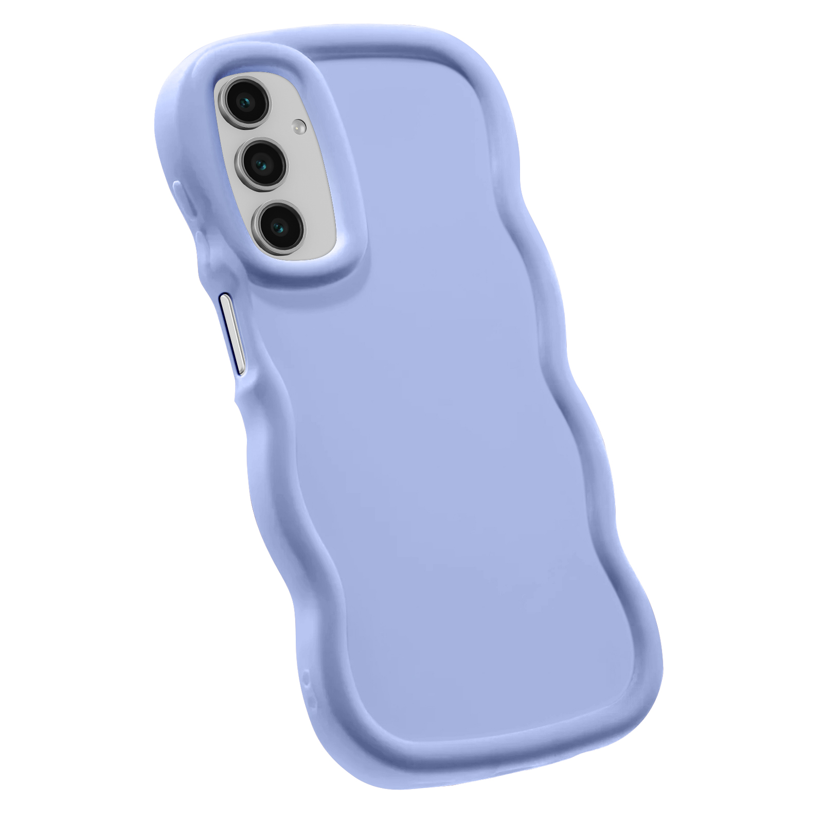 Una custodia per telefono blu chiaro con bordo ondulato, leggermente angolata, che mostra la fotocamera.