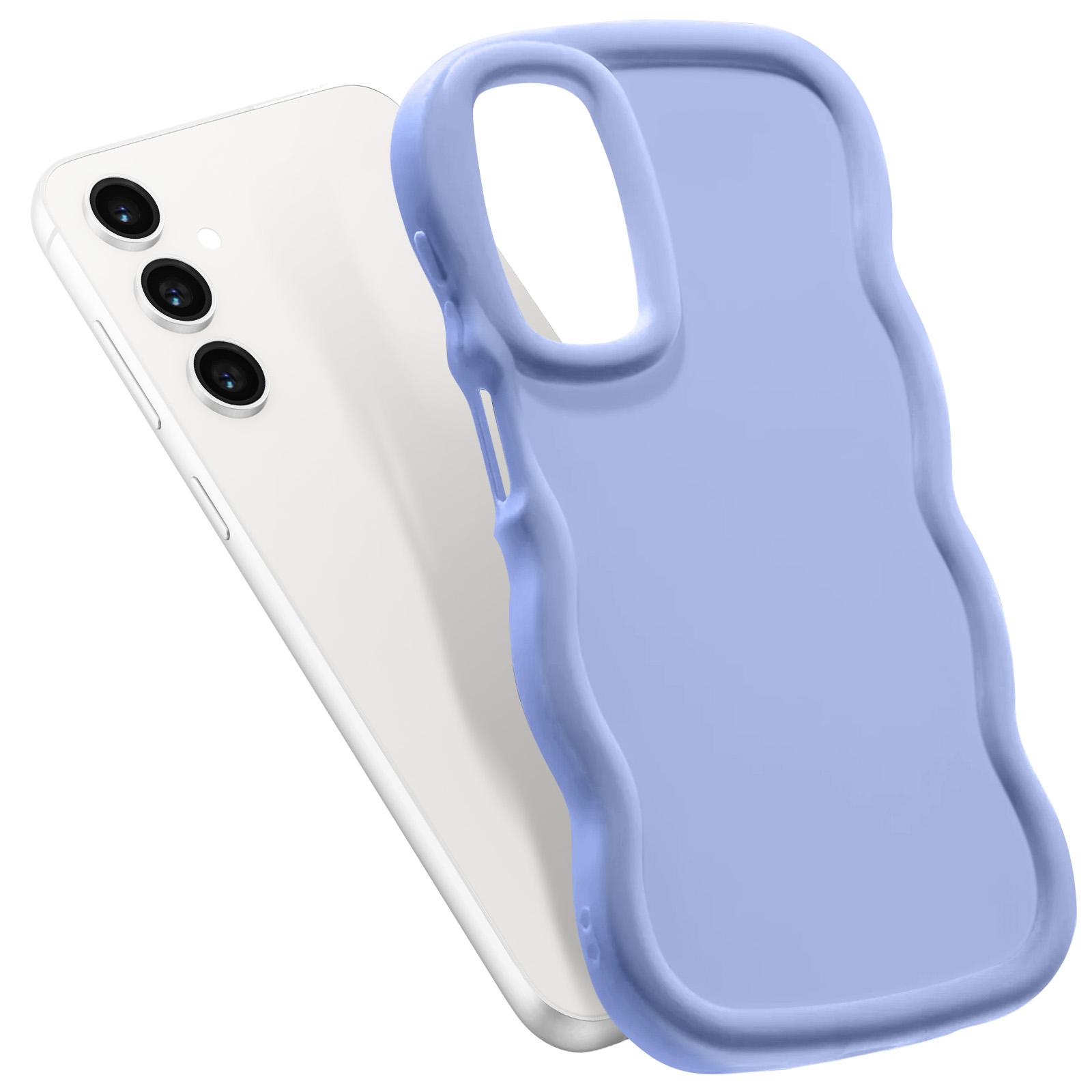 Un telefono bianco con una custodia azzurra è posizionato ad angolo.