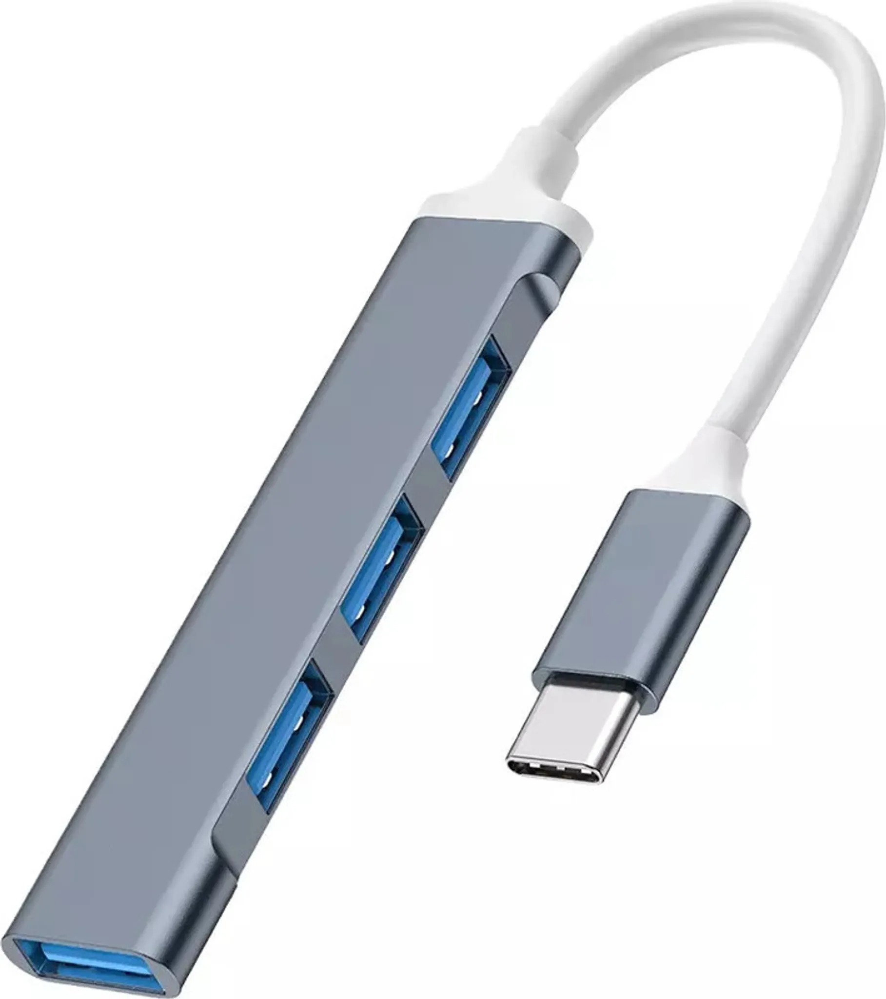 Ein silberner USB-Hub mit vier blauen USB-Anschlüssen und einem weißen Kabel mit Typ-C-Anschluss.