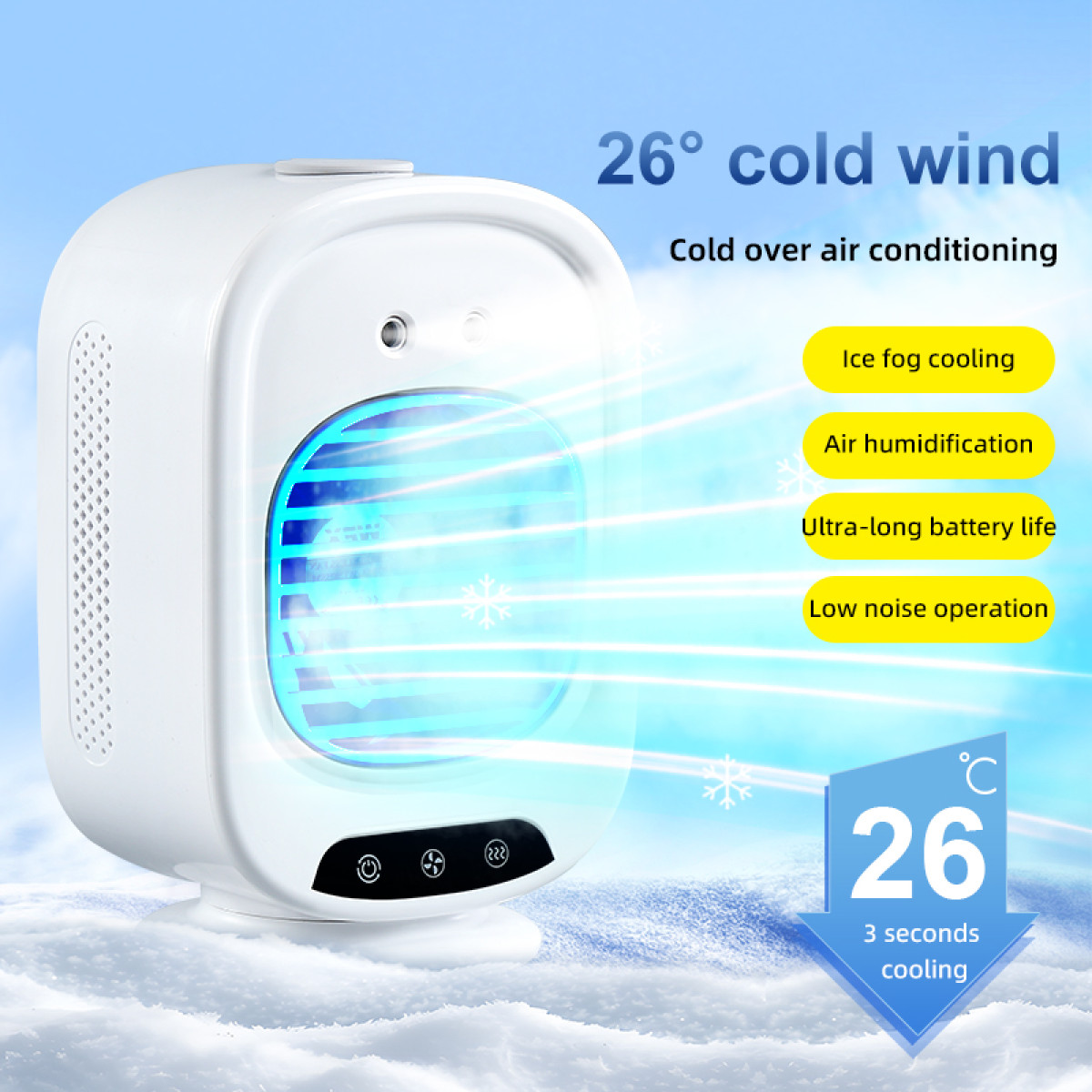 White portable air cooler with blue light and text describing cooling and humidification.