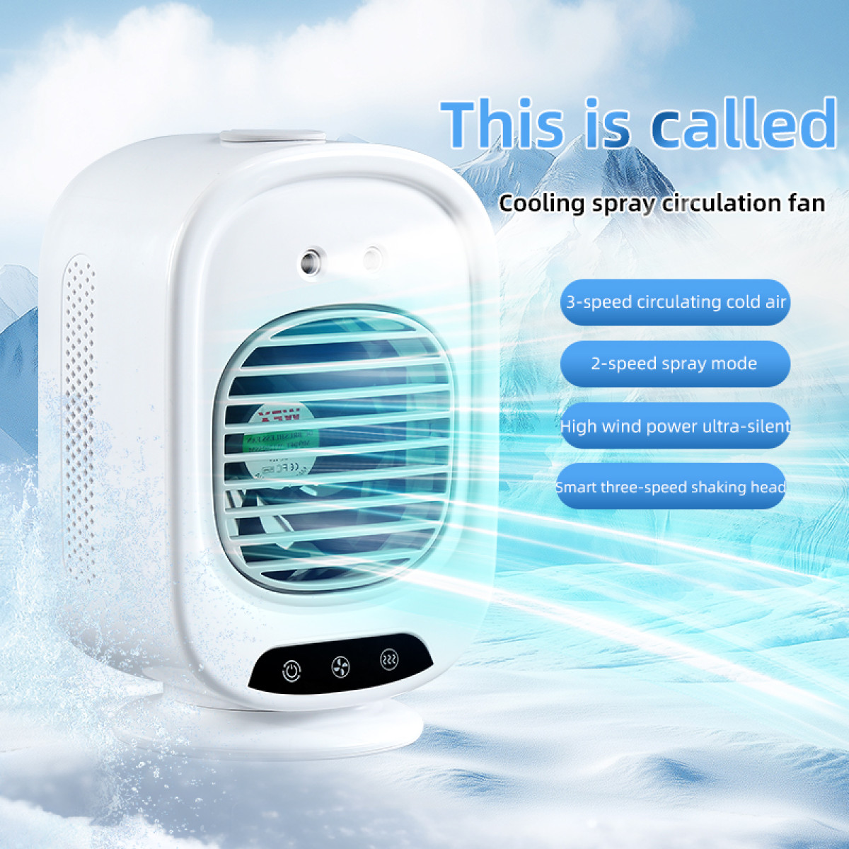 White cooling fan. It says: rotating, four whirl-pools, even & delicate. Light blue background.