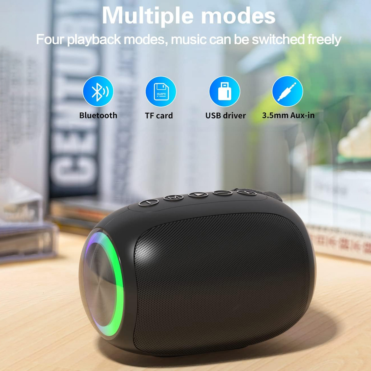 Schwarzer Lautsprecher mit mehreren Wiedergabemodi, Bluetooth, TF-Karte, USB und 3,5-mm-Aux-in.