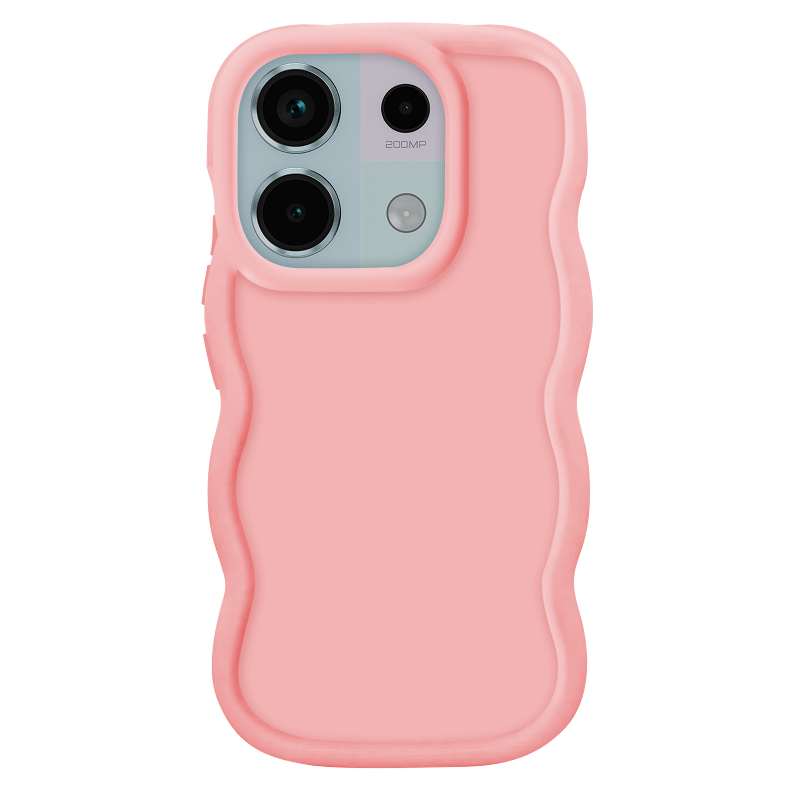 Una custodia rosa per telefono con un design ondulato, con doppie lenti della fotocamera e flash.