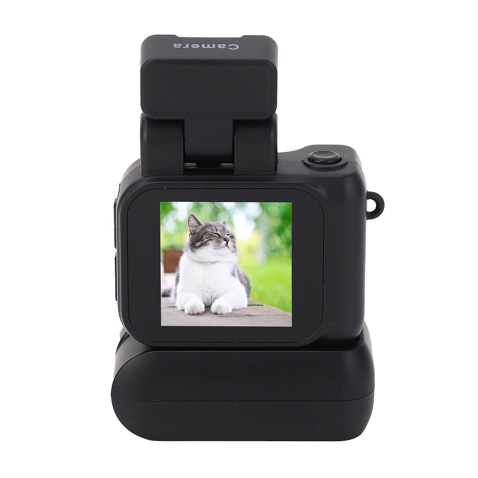 Kleine schwarze Kamera mit einem Bildschirm, der eine Katze zeigt. Die Kamera steht auf einem Ständer.