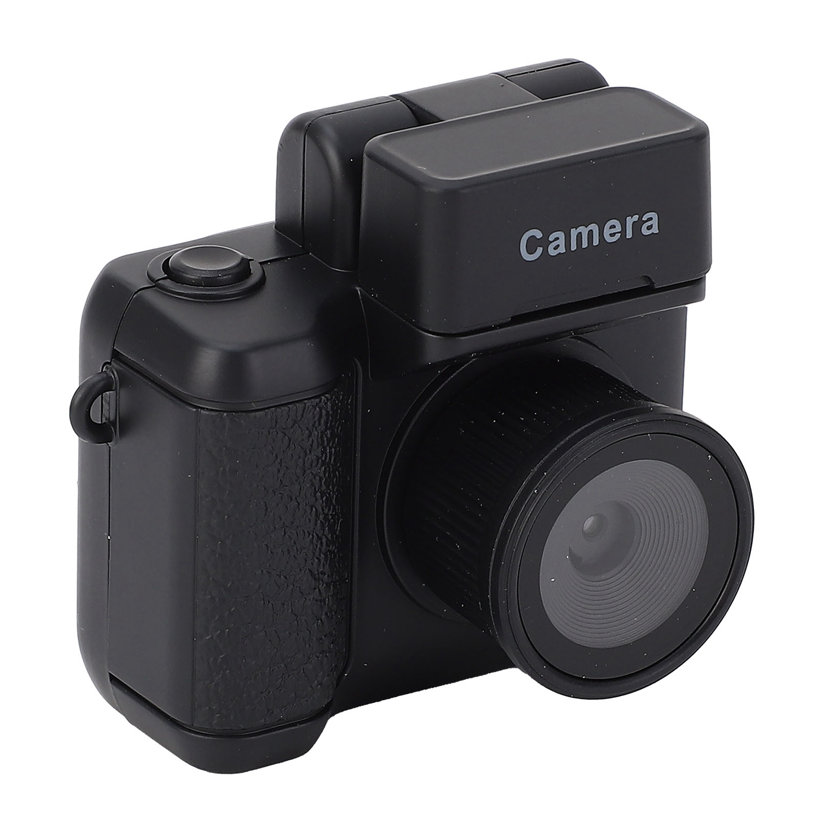 Eine schwarze Kompaktkamera mit Objektiv, beschriftet mit 'Camera'.