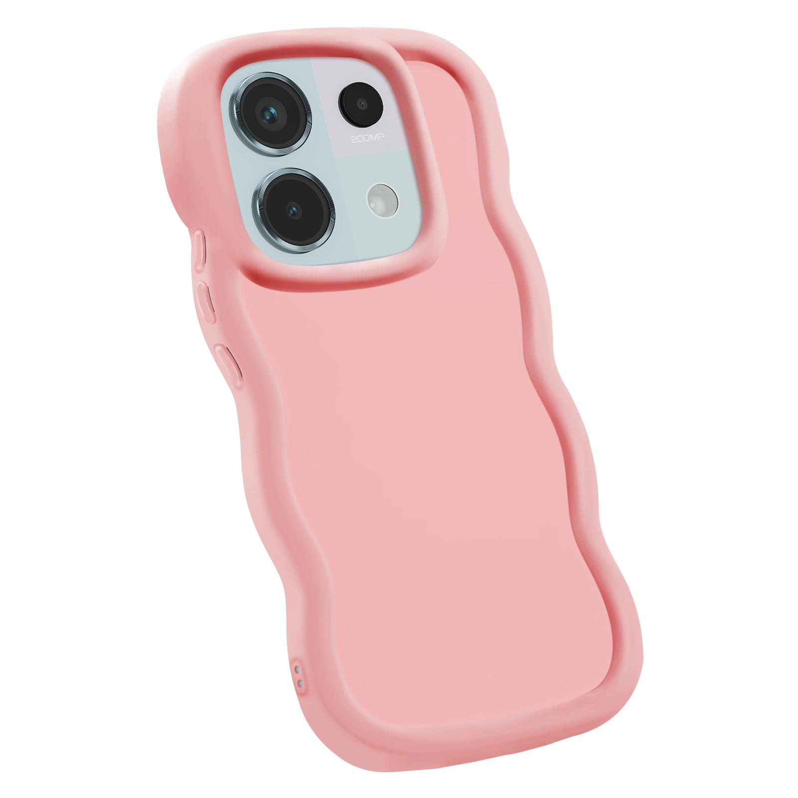 Custodia per telefono rosa con due obiettivi della fotocamera, un flash e un design curvo.