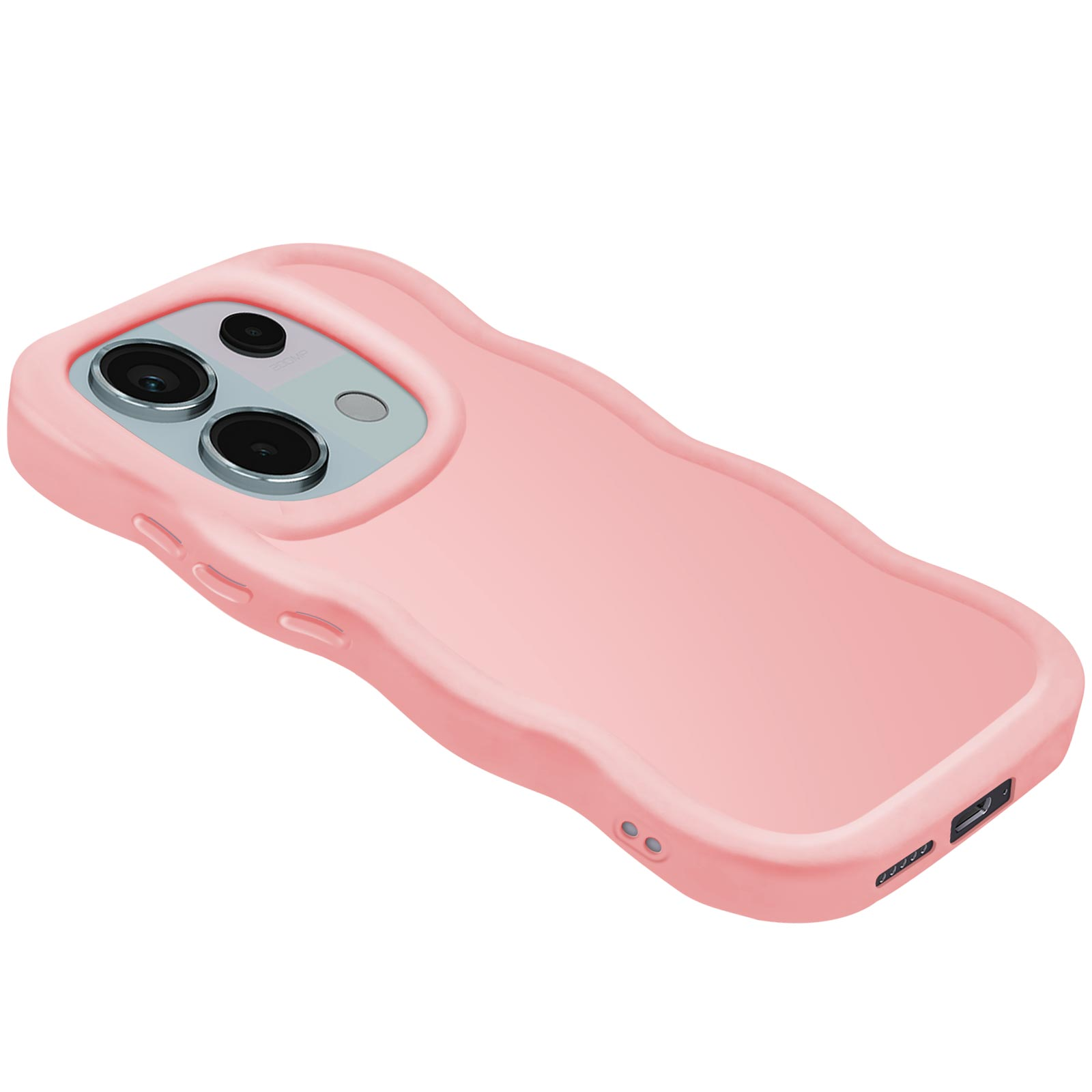 Custodia per telefono rosa con design a bordo ondulato e ritagli per la fotocamera.