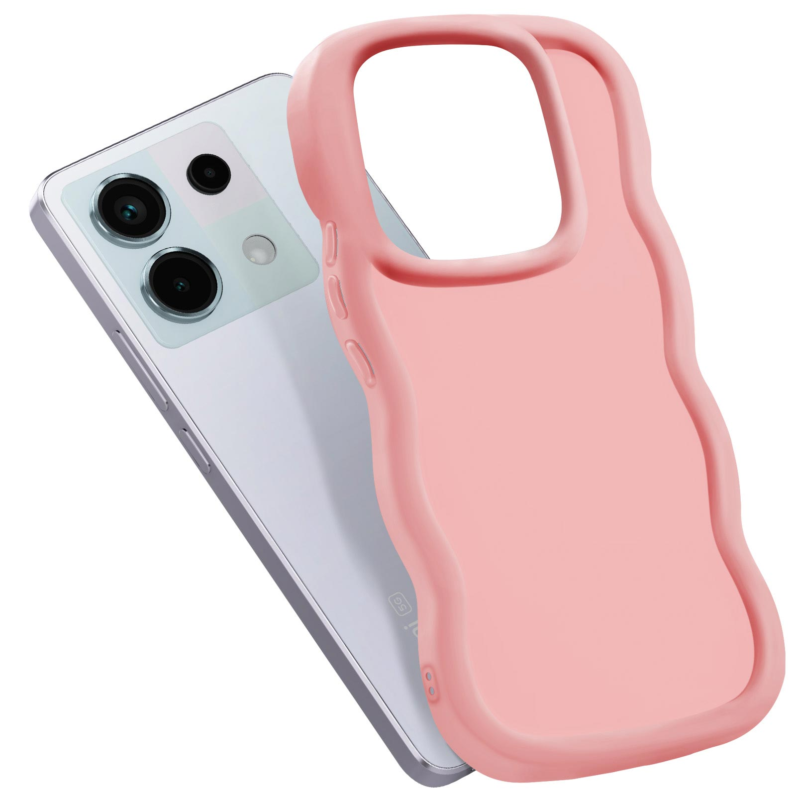 Custodia rosa per telefono su un telefono bianco. La custodia ha bordi arrotondati, il telefono ha fotocamere.