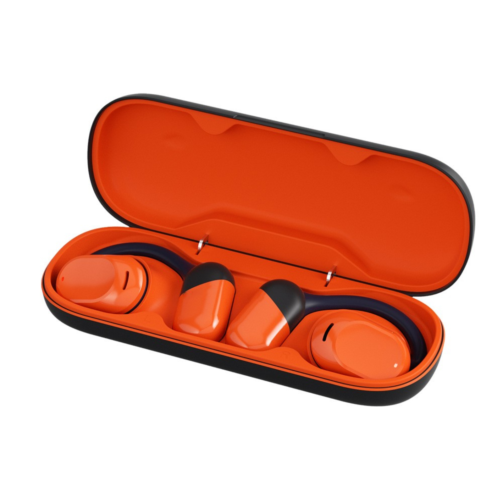 Orangene und schwarze Kopfhörerhülle. Geöffnete Hülle mit orangefarbenen Ohrhörern und schwarzem Ladecase.