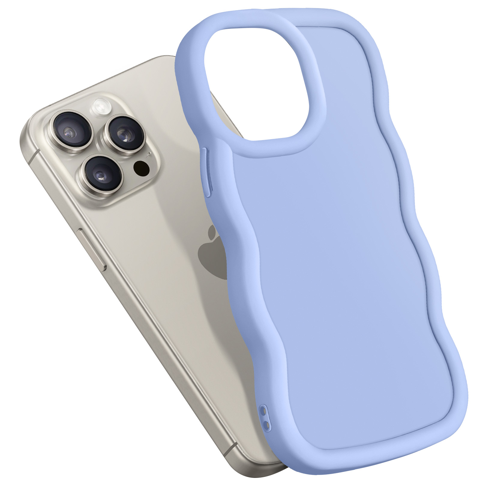 Ein Smartphone mit einer blauen Hülle, das die Rückseite mit Kameralinsen zeigt.