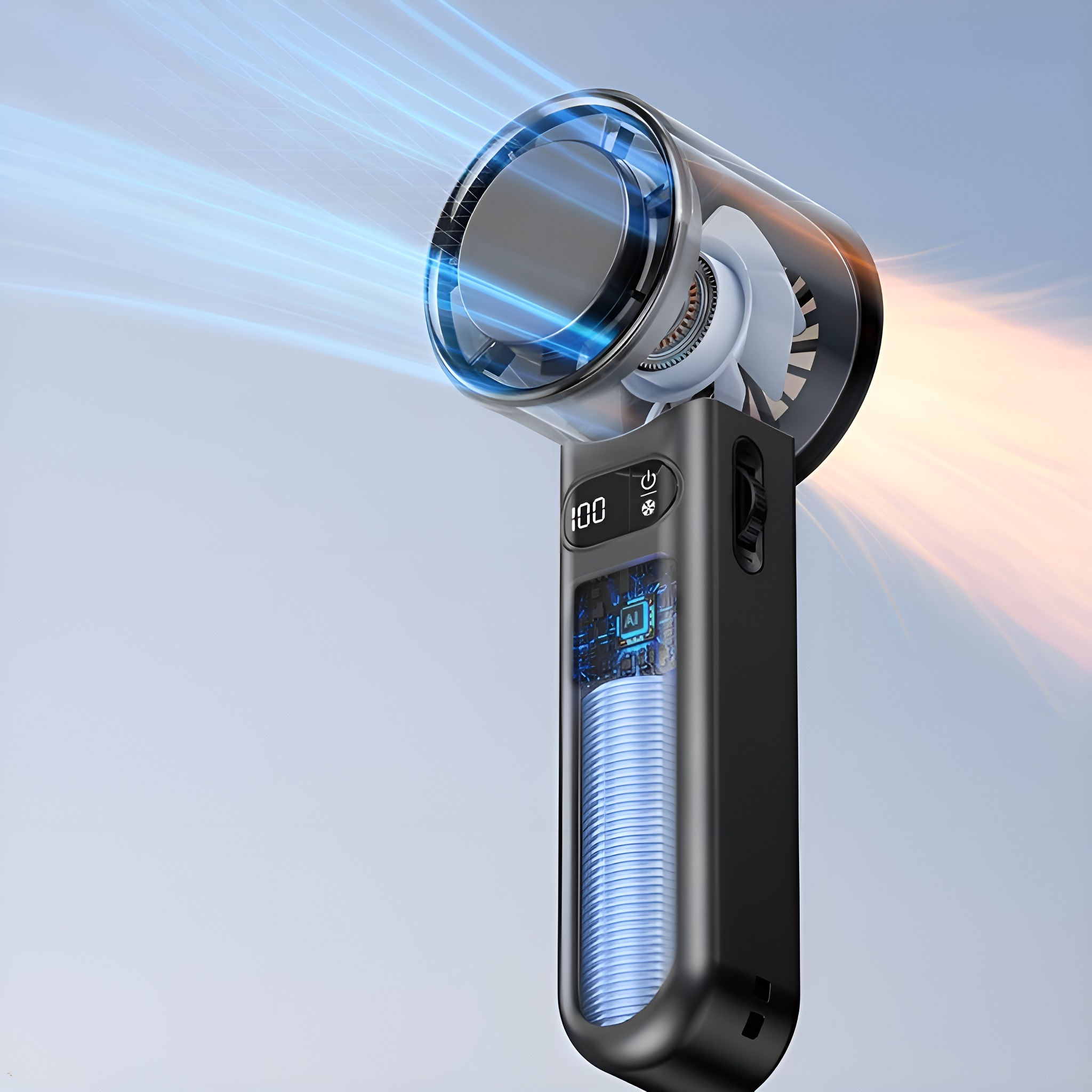 Ein schwarzer und transparenter Ventilator, der die inneren Komponenten und eine Digitalanzeige zeigt.