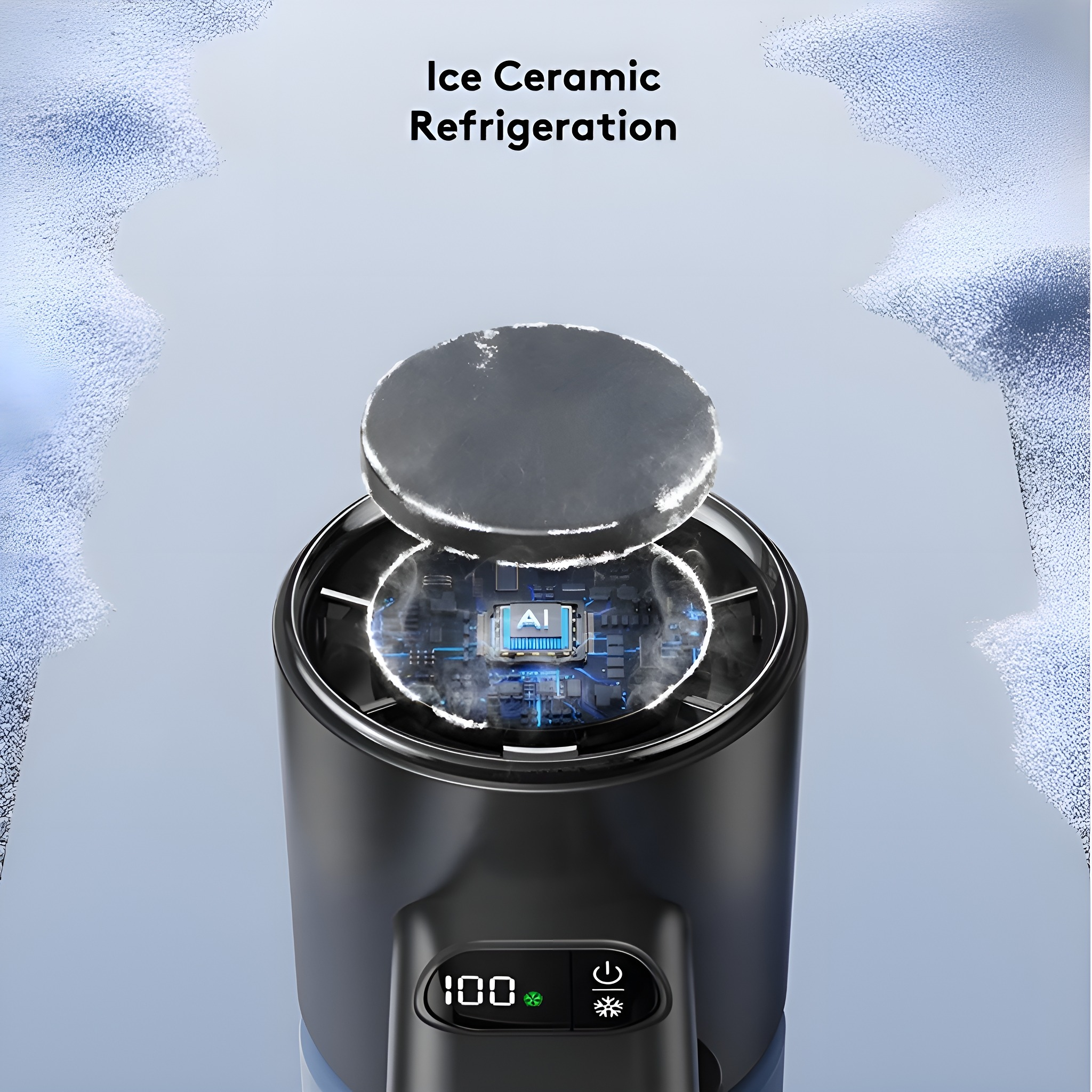 Ein schwarzes und graues Gerät mit Bildschirm, beschriftet mit 'AI' und 'Ice Ceramic Refrigeration'.