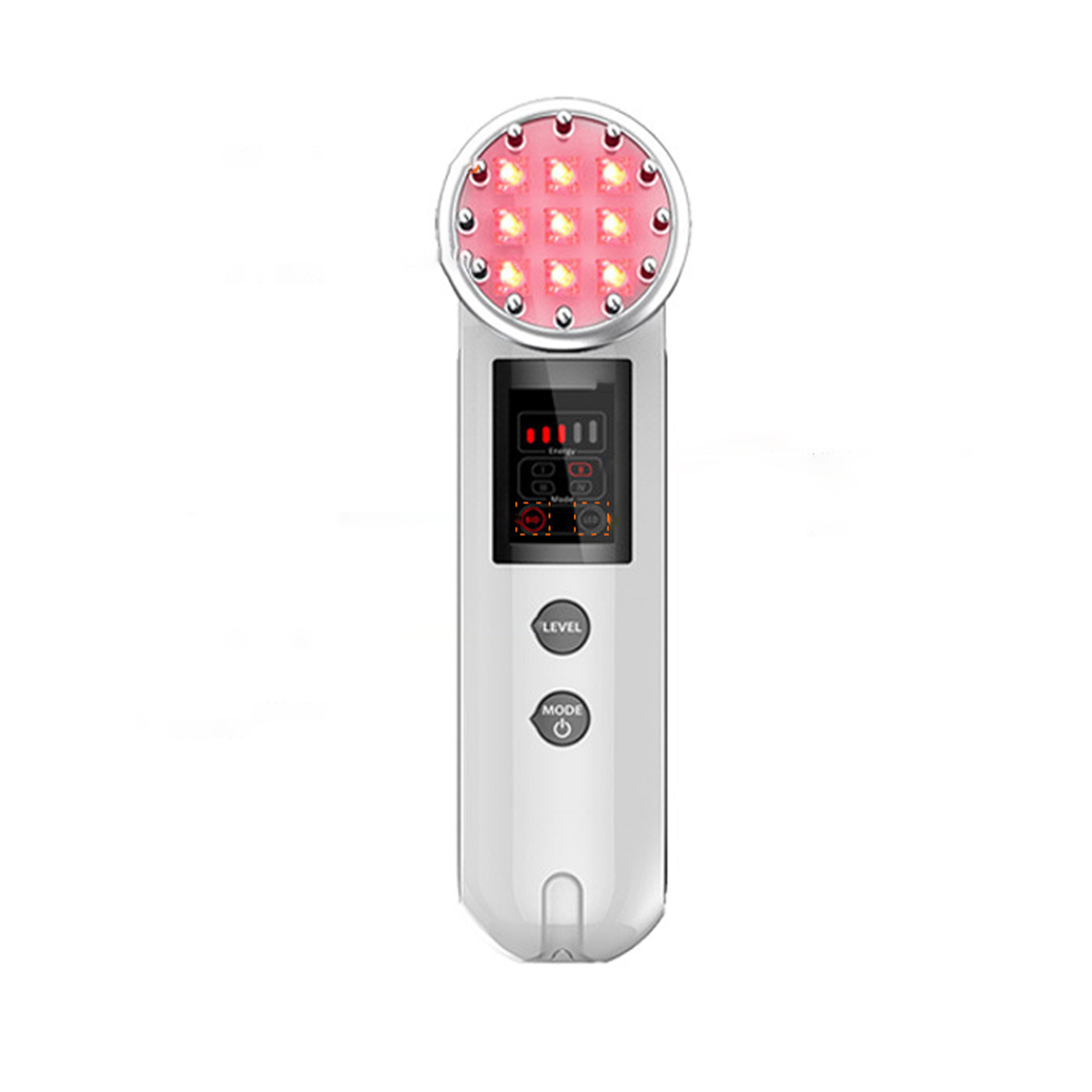 Ein weißes Handgerät mit roten Lichtern, Bildschirm und Knöpfen.