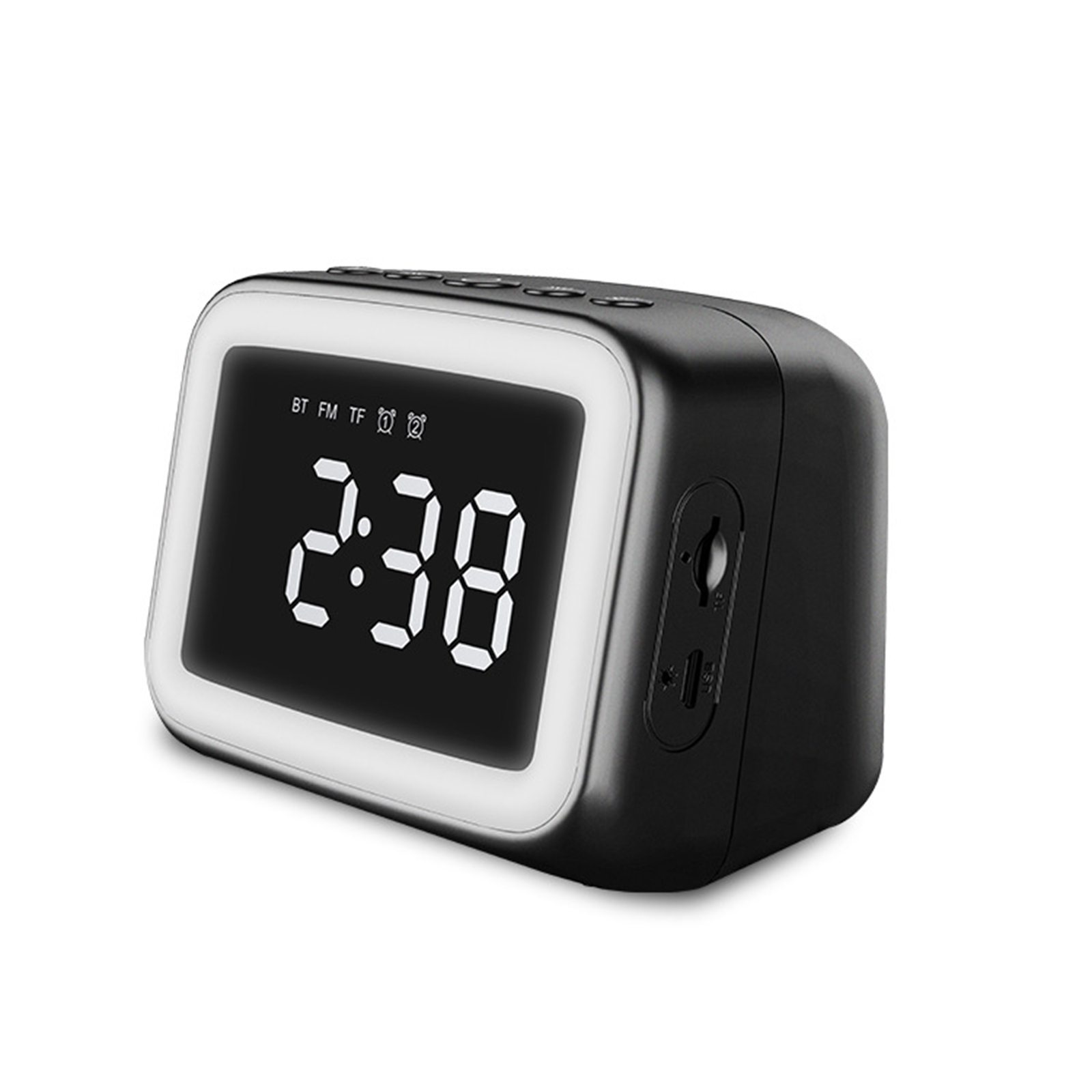 Schwarzer digitaler Wecker, der 2:38 anzeigt. Die Uhr hat einen beleuchteten Rand und Knöpfe an der Seite.