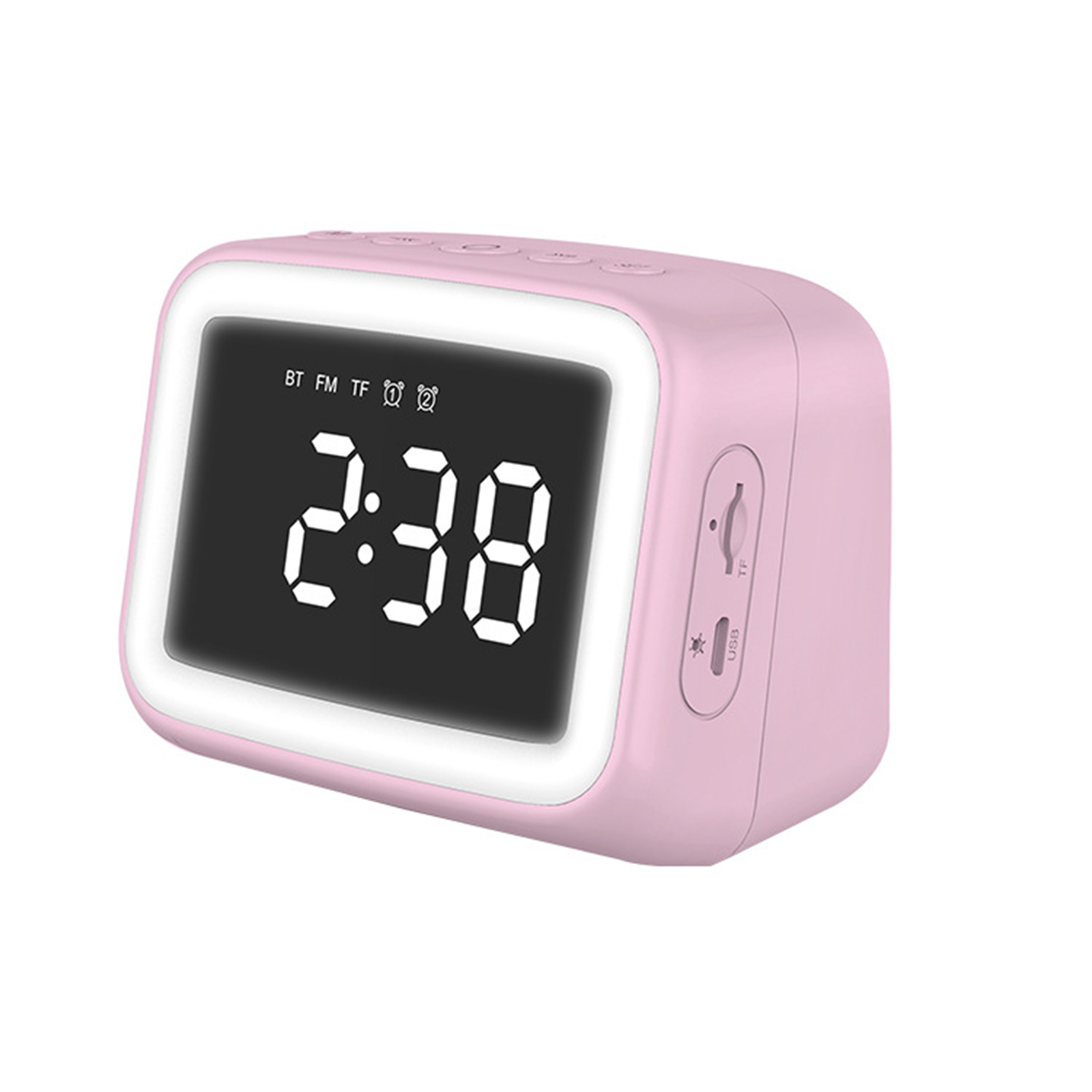 Pinkfarbener digitaler Wecker mit weiß beleuchtetem Display, das 2:38 anzeigt, mit Knöpfen und USB-Anschluss.