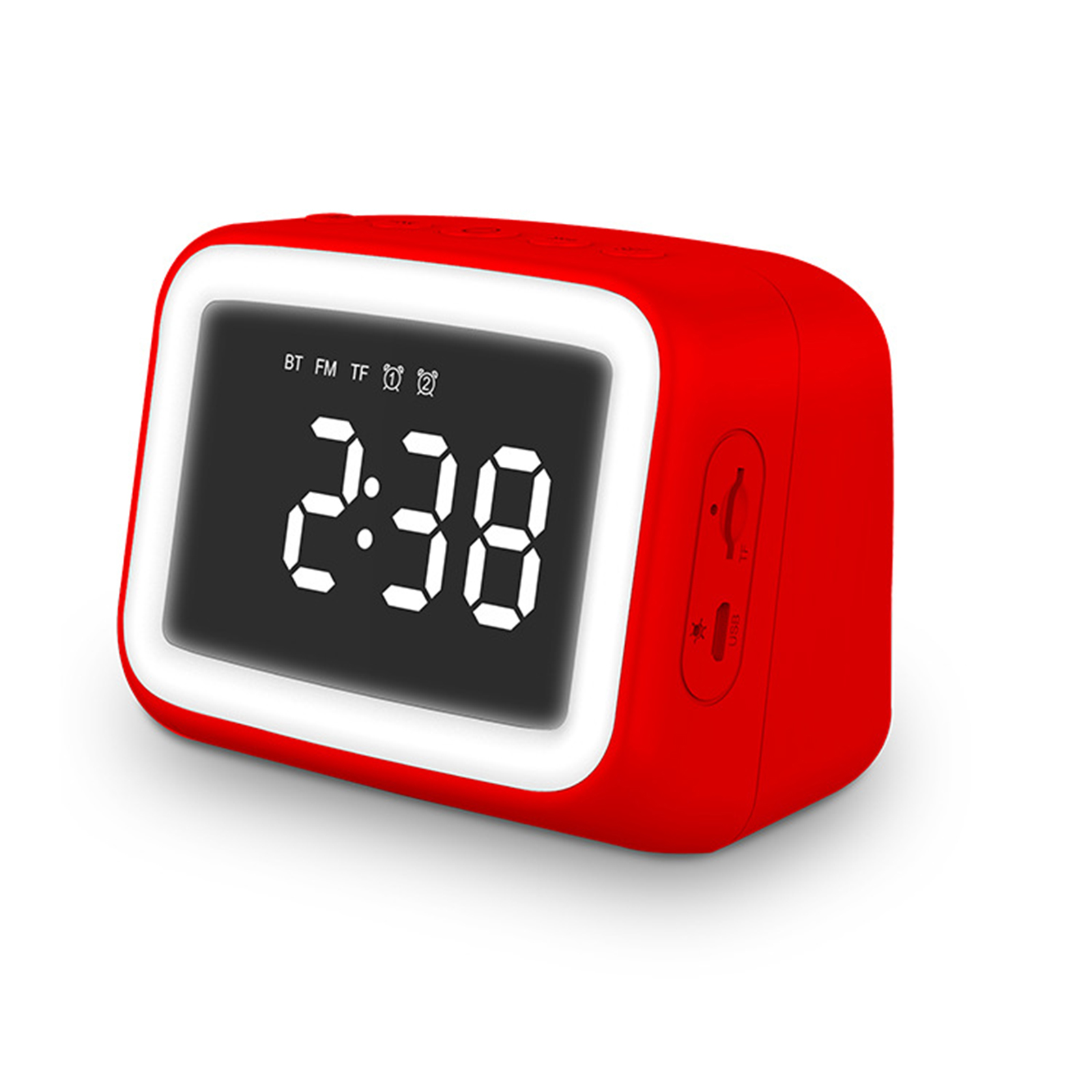 Eine rote Digitaluhr mit schwarzem Display, das Zeit und andere Informationen anzeigt.