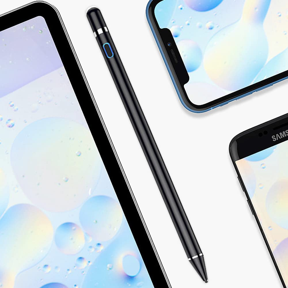 Schwarzer Stylus-Stift mit blauem Knopf, auf einem Hintergrund mit elektronischen Geräten und Blasen.