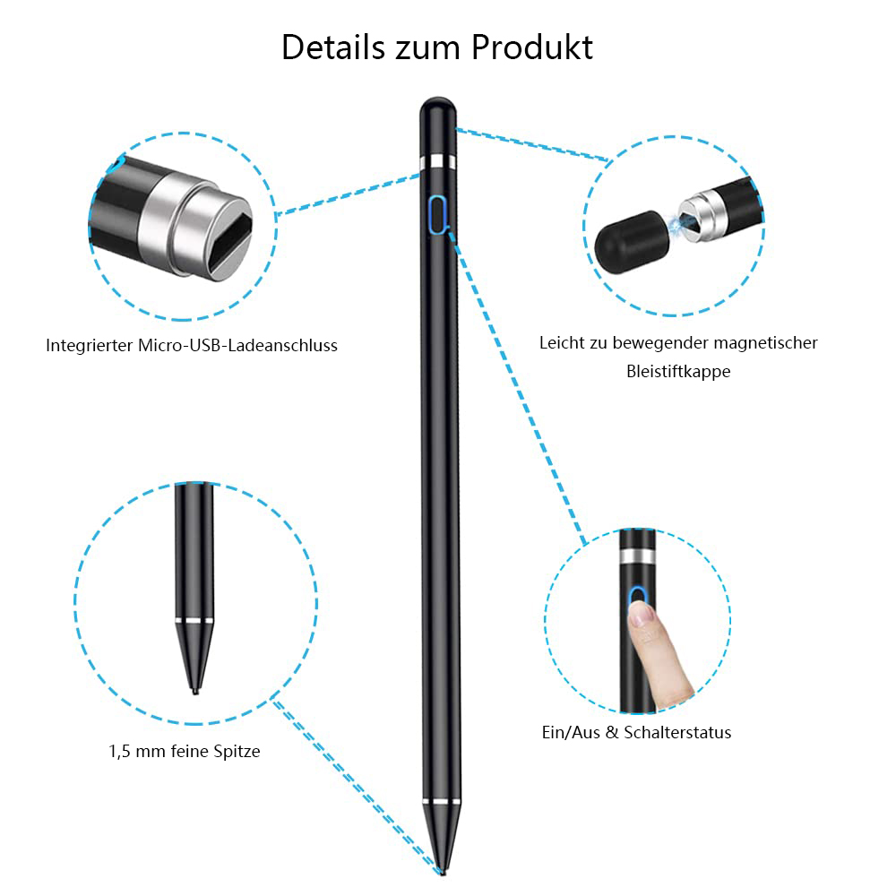 Ein schwarzer Stylus-Stift mit beschrifteten Details. Enthält einen Ladeanschluss, eine Magnetkappe und eine feine Spitze.